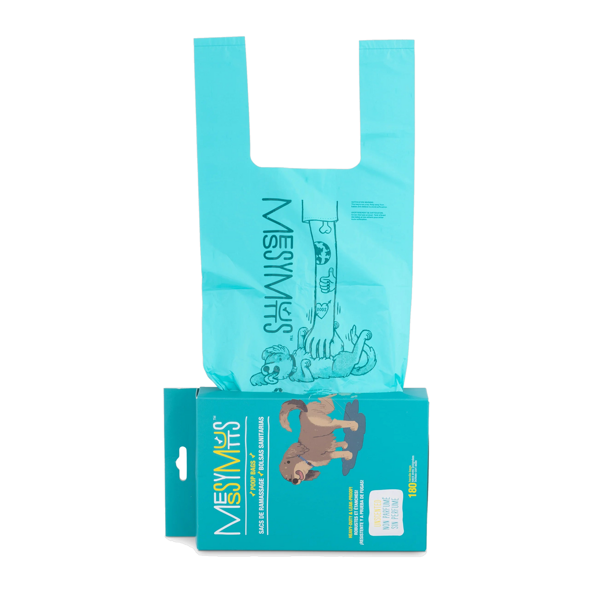 Teal Messy Mutts handle poop bag pulled from the 180 count dispenser box