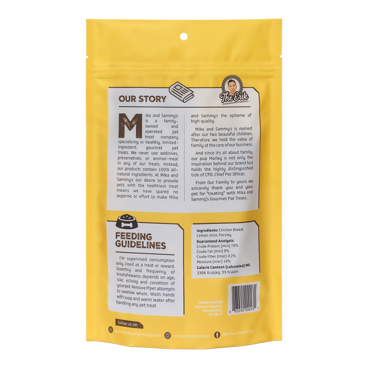 Mika & Sammy's Kiss Me Fresh Breath Chicken Jerky Dog Treats -- back of bag with story