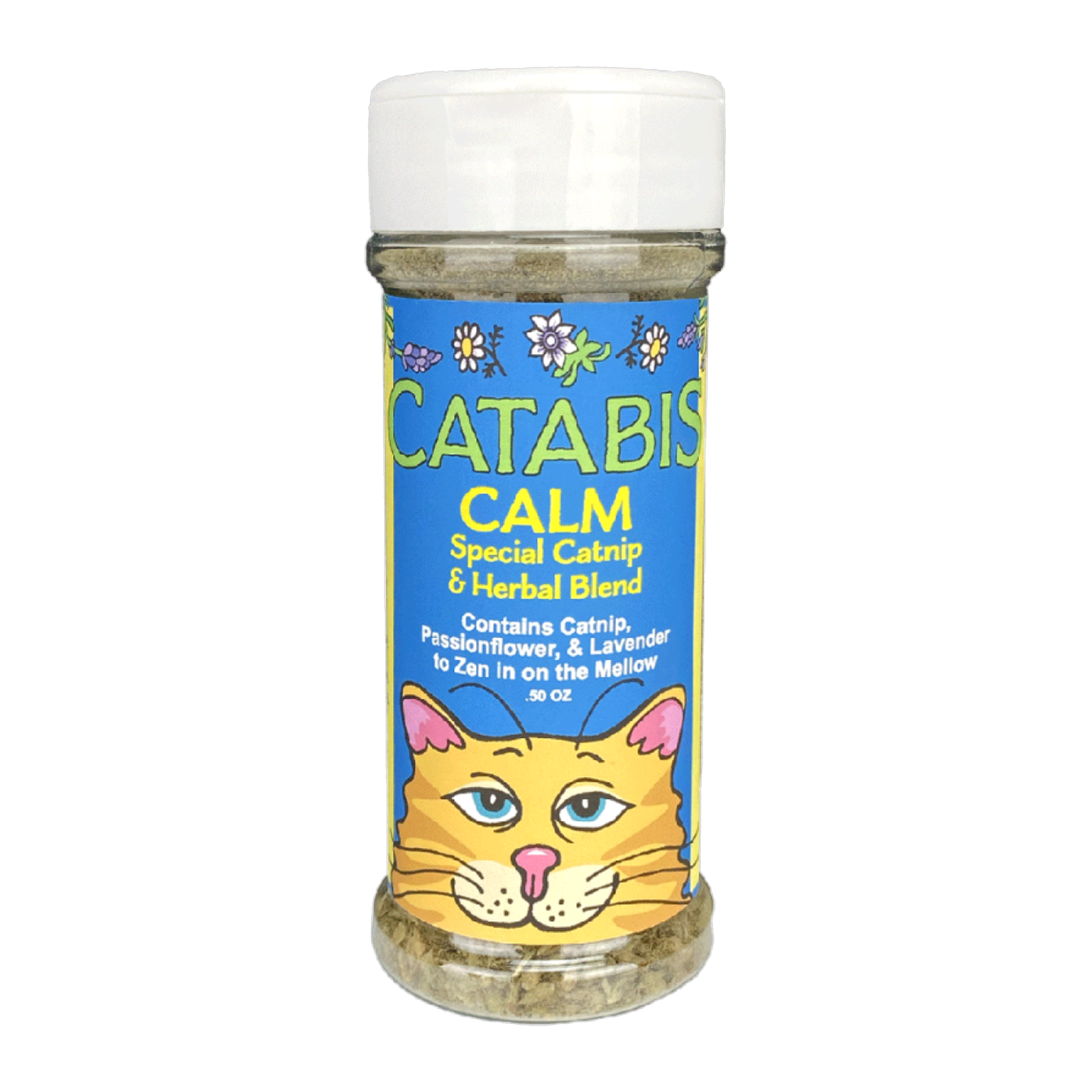Multipet Catabis Calm special catnip and herbal blend .50 oz shaker jar with catnip, passionflower, and lavender