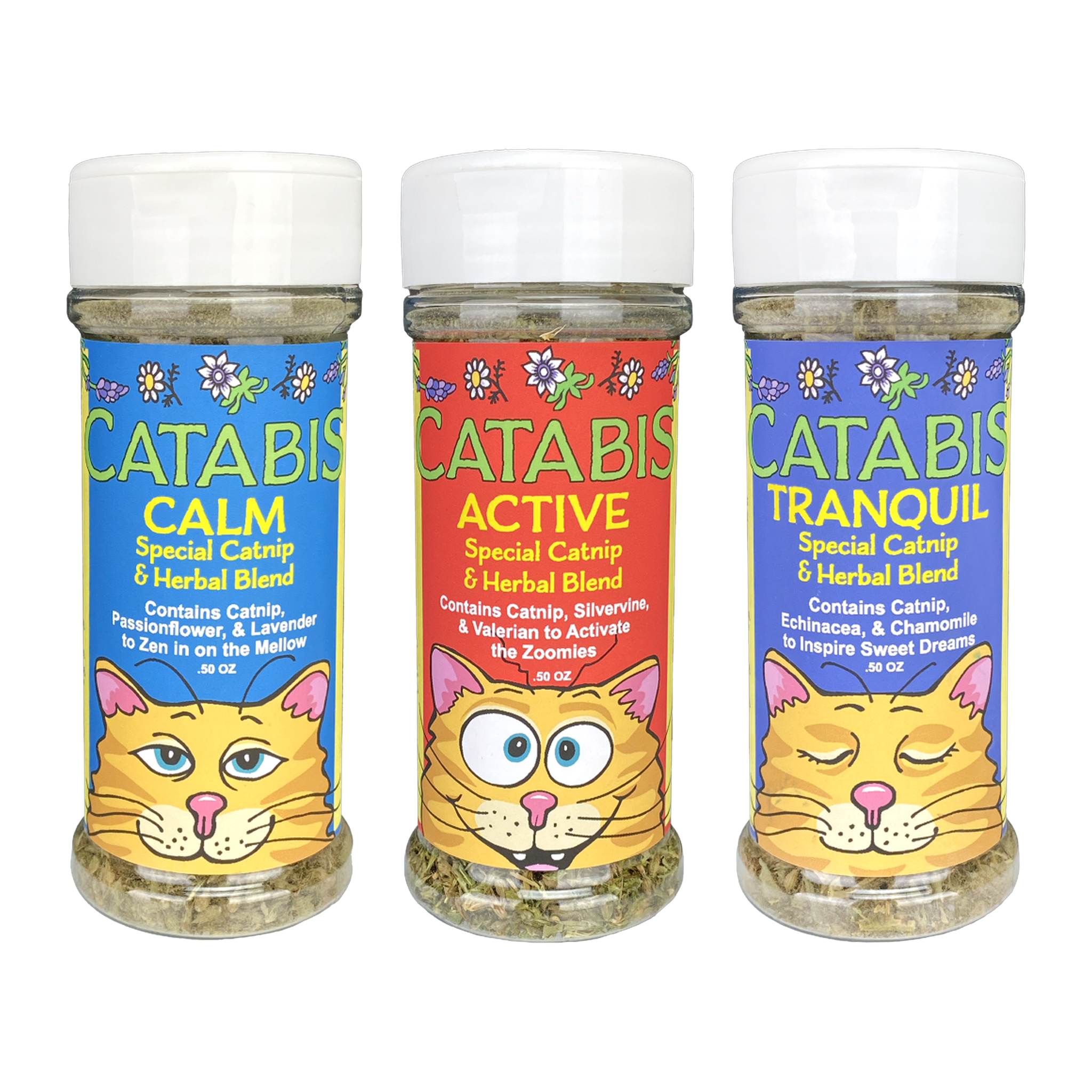Catabis catnip and herbal blend line showing the Calm, Active, and Tranquil shaker jars