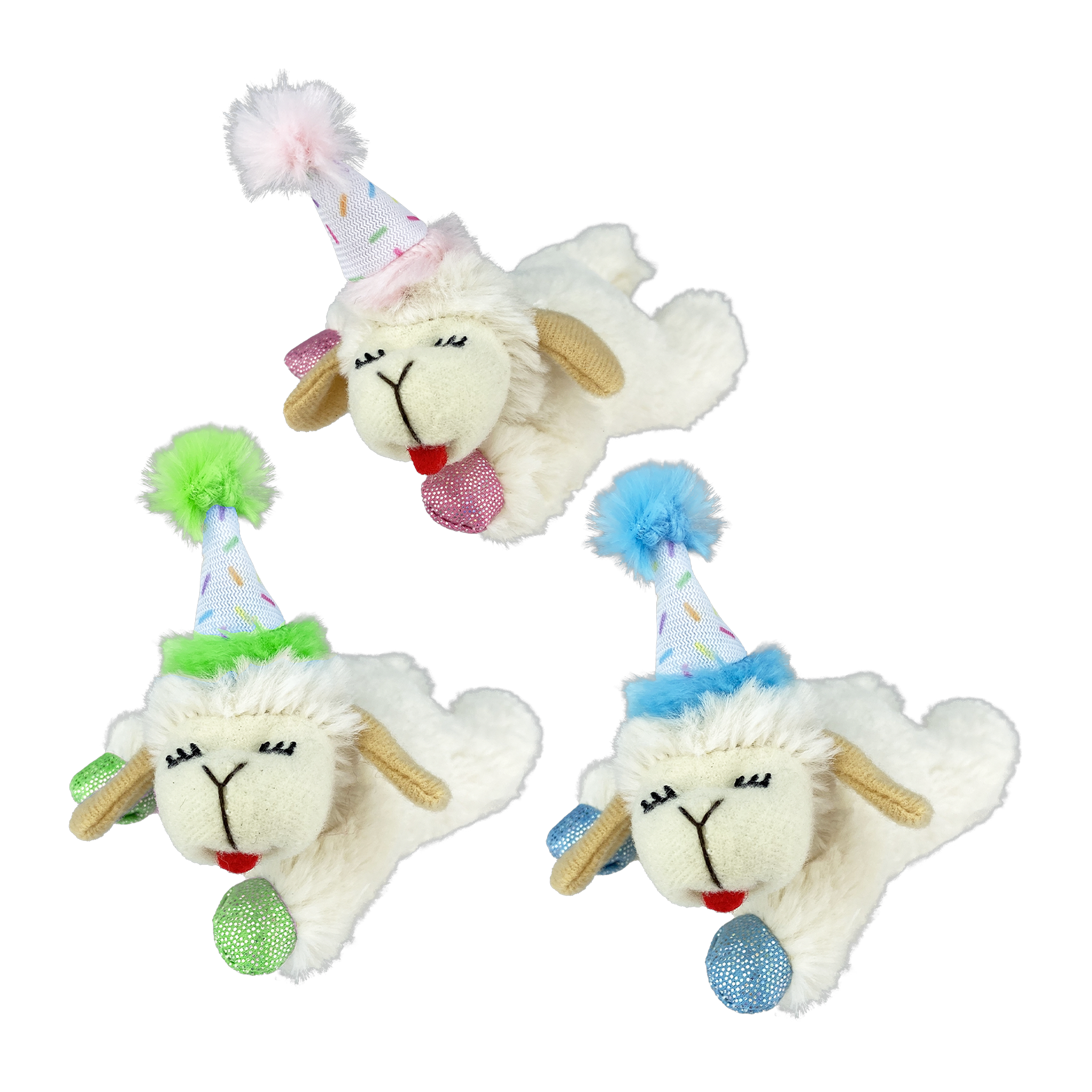 Three Multipet Lamb Chop Birthday cat toys showing the blue, pink, and green party hat assortment
