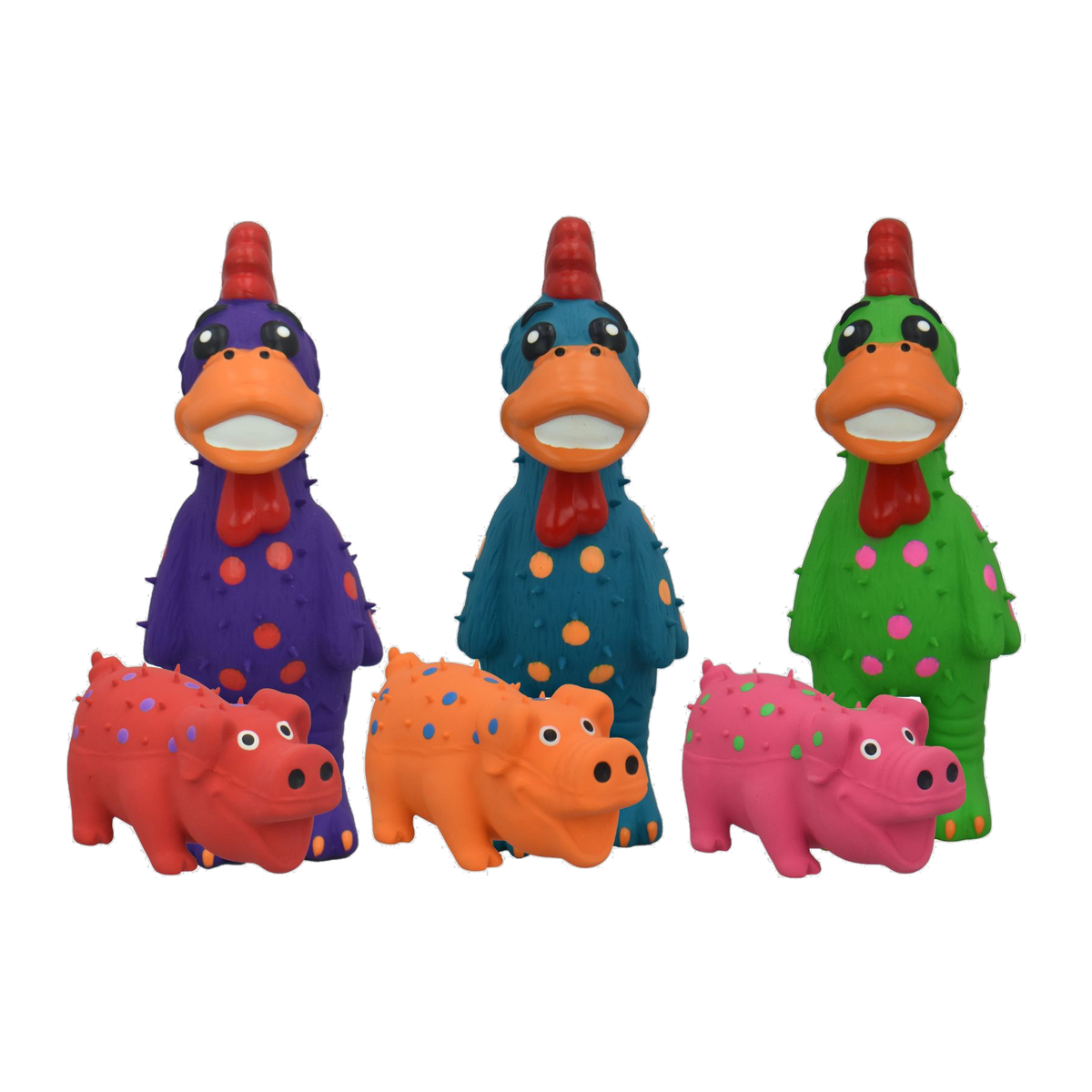 Assorted mini latex Globken chicken and Globlet pig dog toys in purple teal green red orange and pink polka dot colors