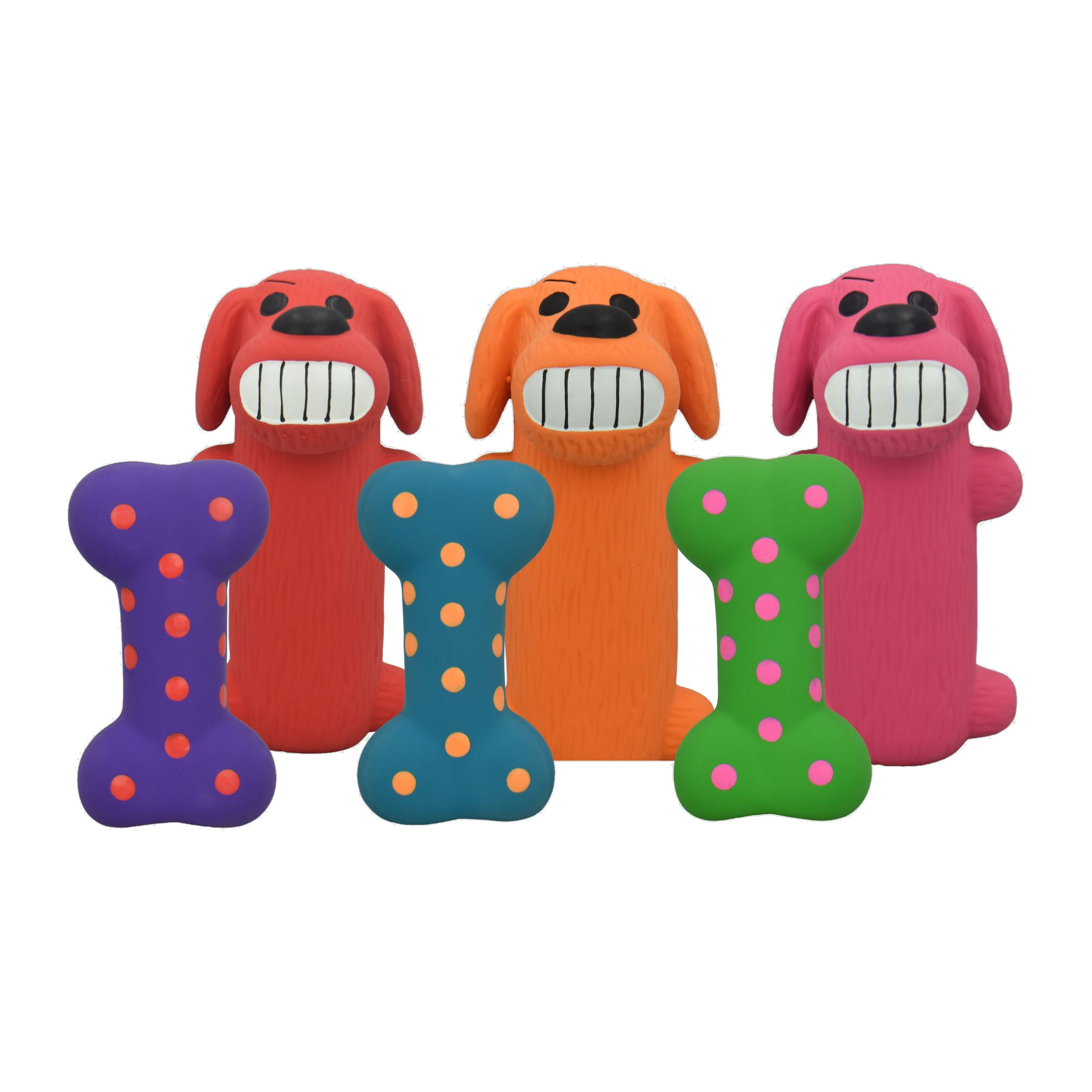 Multipet Minipet assorted latex Loofa dogs and polka dot bones in red orange pink purple teal and green