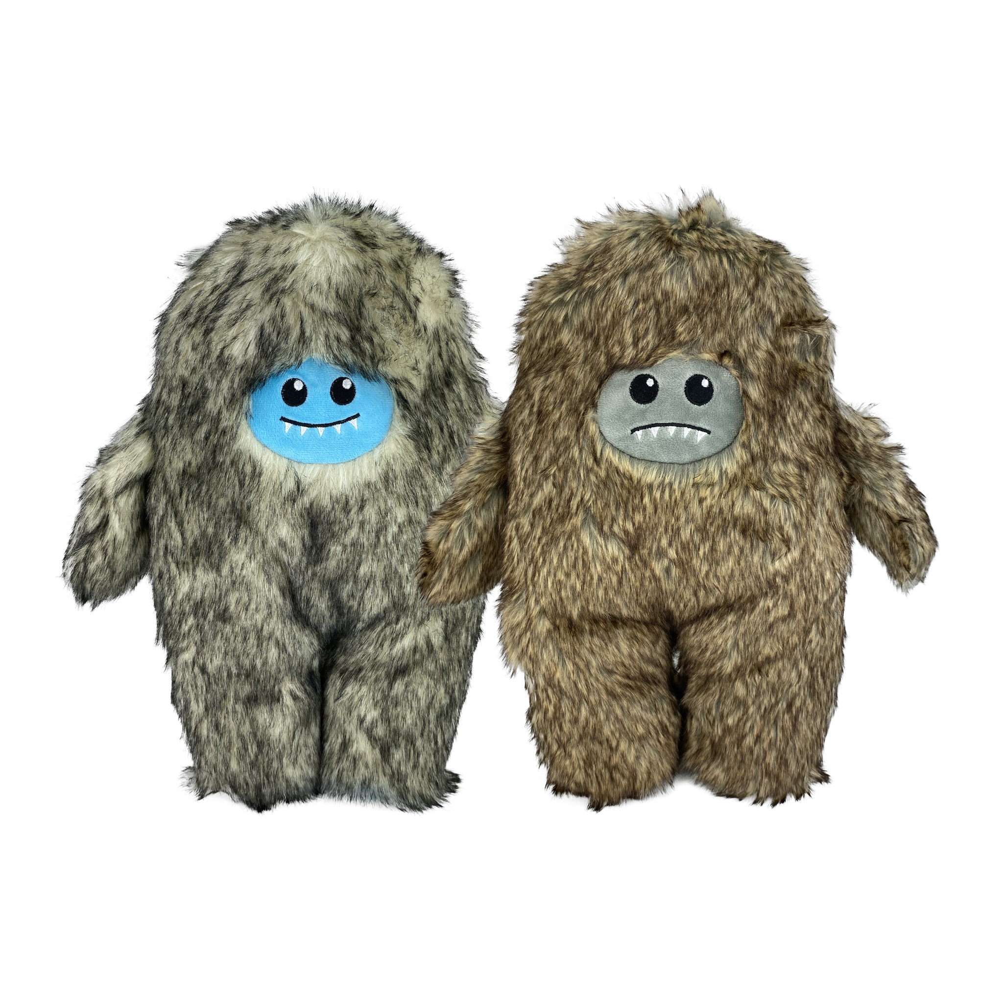 Multipet Yeti Betty plush dog toys in both assorted styles, grey yeti and brown bigfoot, standing together