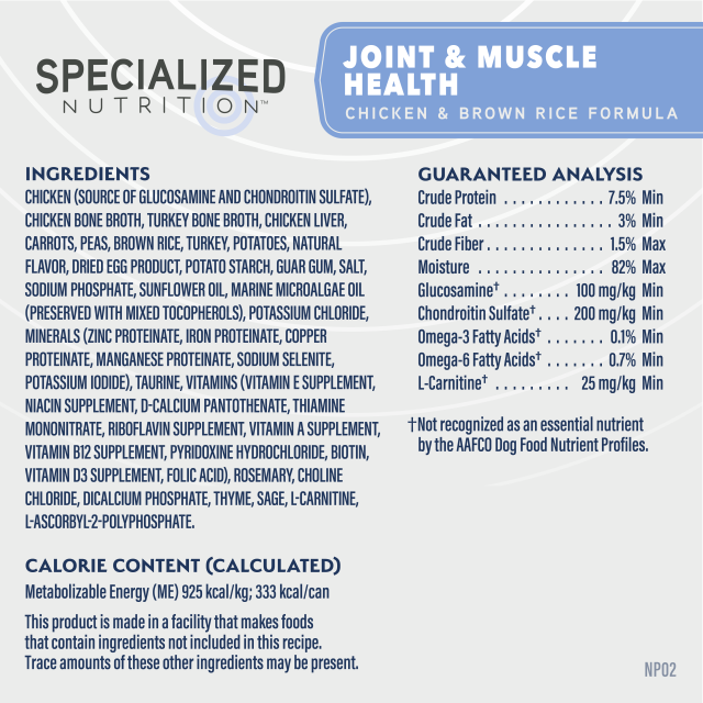 Natural Balance Joint & Muscle Health ingredient list, guaranteed analysis, and calorie content panel