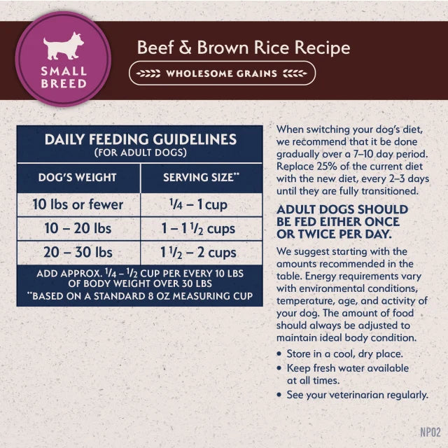 Daily feeding guidelines chart for Limited Ingredient Beef & Brown Rice Small Breed Recipe Dry Dog Food