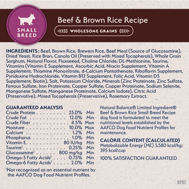 Natural Balance Limited Ingredient Beef & Brown Rice Small Breed Recipe Dry Dog Food label panel listing ingredients, guaranteed analysis, and calorie content