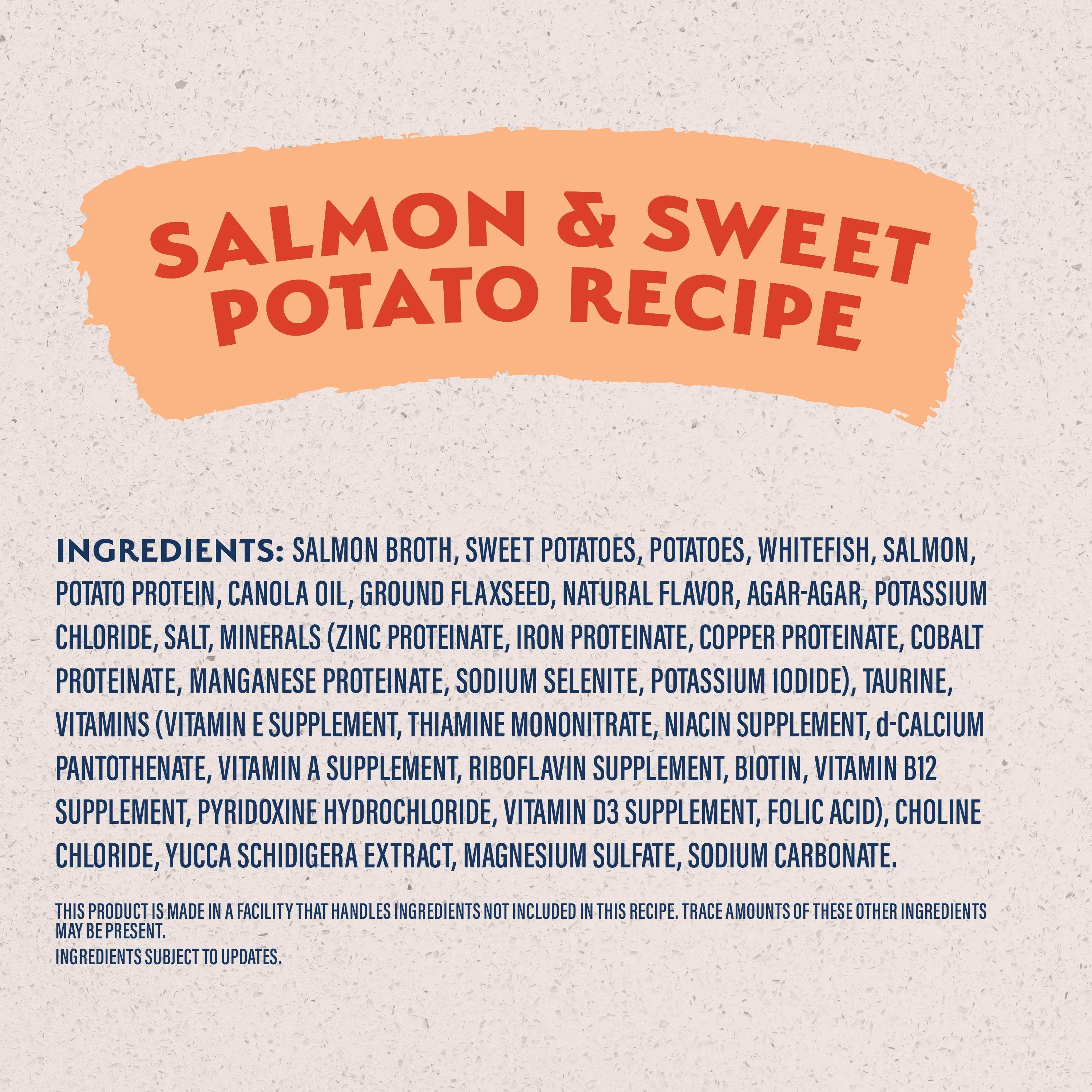 Natural Balance Limited Ingredient Grain Free Sweet Potato & Salmon Recipe Wet Dog Food label panel listing ingredients, guaranteed analysis, and calorie content