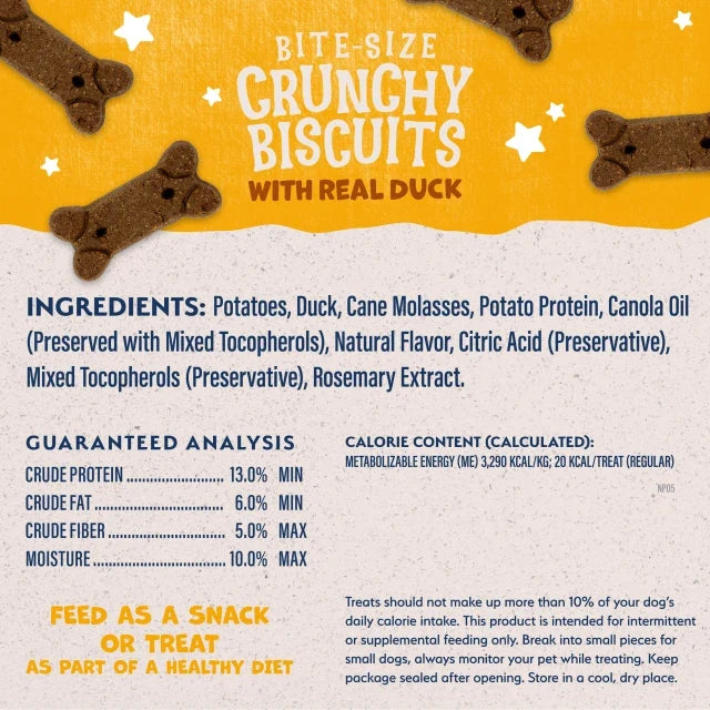 Natural Balance Rewards Crunchy Biscuits With Real Duck Dog Treats label panel listing ingredients, guaranteed analysis, and calorie content
