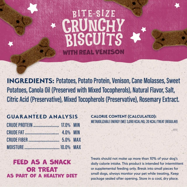 Natural Balance Rewards Crunchy Biscuits With Real Venison Dog Treats label panel listing ingredients, guaranteed analysis, and calorie content