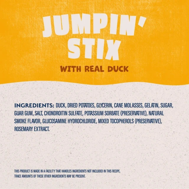 Natural Balance Rewards Jumpin' Stix With Real Duck Dog Treats label panel listing ingredients, guaranteed analysis, and calorie content