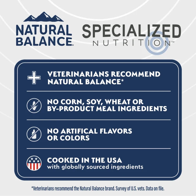 Natural Balance brand promise for Specialized Nutrition Sensitive Skin & Stomach Salmon & Oatmeal Formula Dry Dog Food: veterinarian recommended, no artificial flavors or colors, every batch tested under the Feed With Confidence program