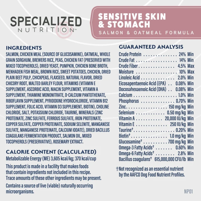 Natural Balance Specialized Nutrition Sensitive Skin & Stomach Salmon & Oatmeal Formula Dry Dog Food label panel listing ingredients, guaranteed analysis, and calorie content