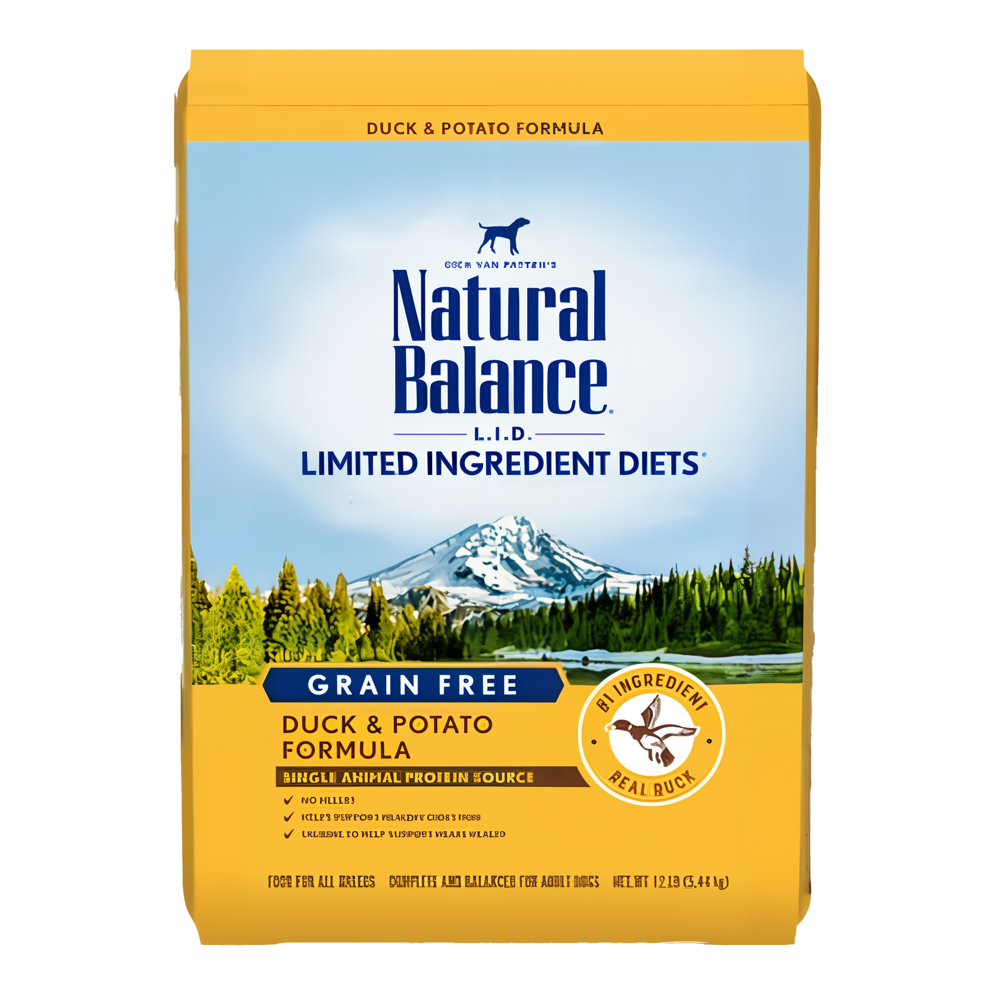 Natural Balance L.I.D. Duck & Potato formula dry dog food, 12 lb bag.