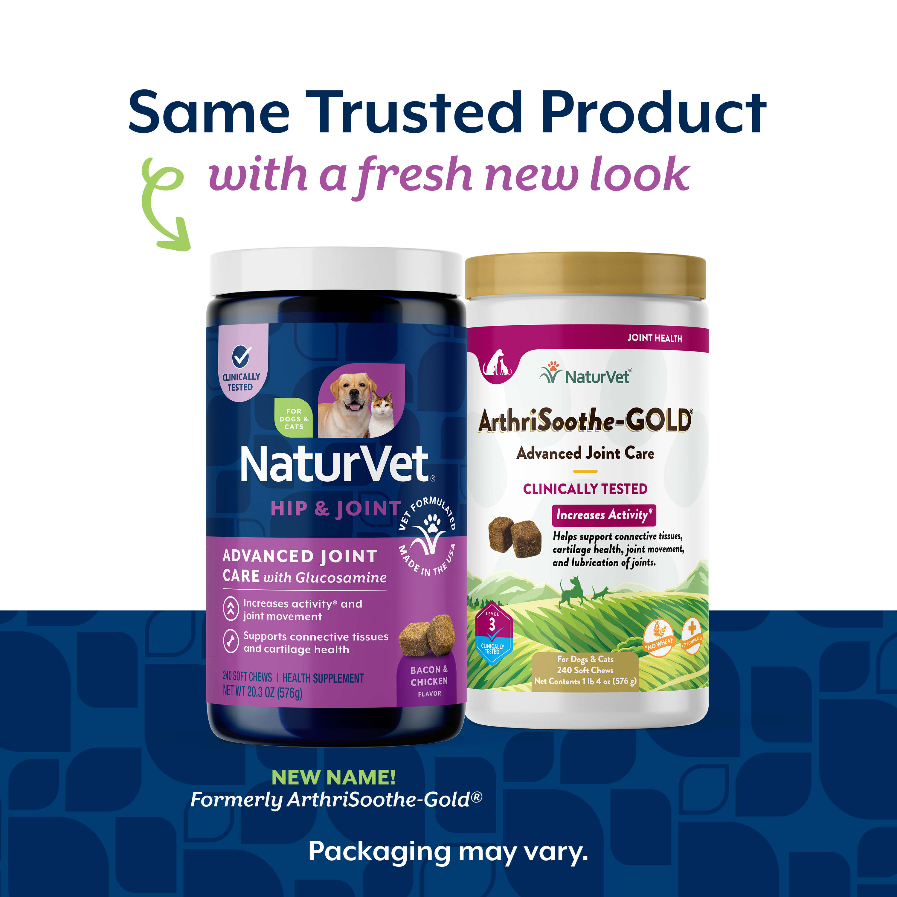 NaturVet Advanced Joint Care new packaging alongside the previous ArthriSoothe-GOLD jar
