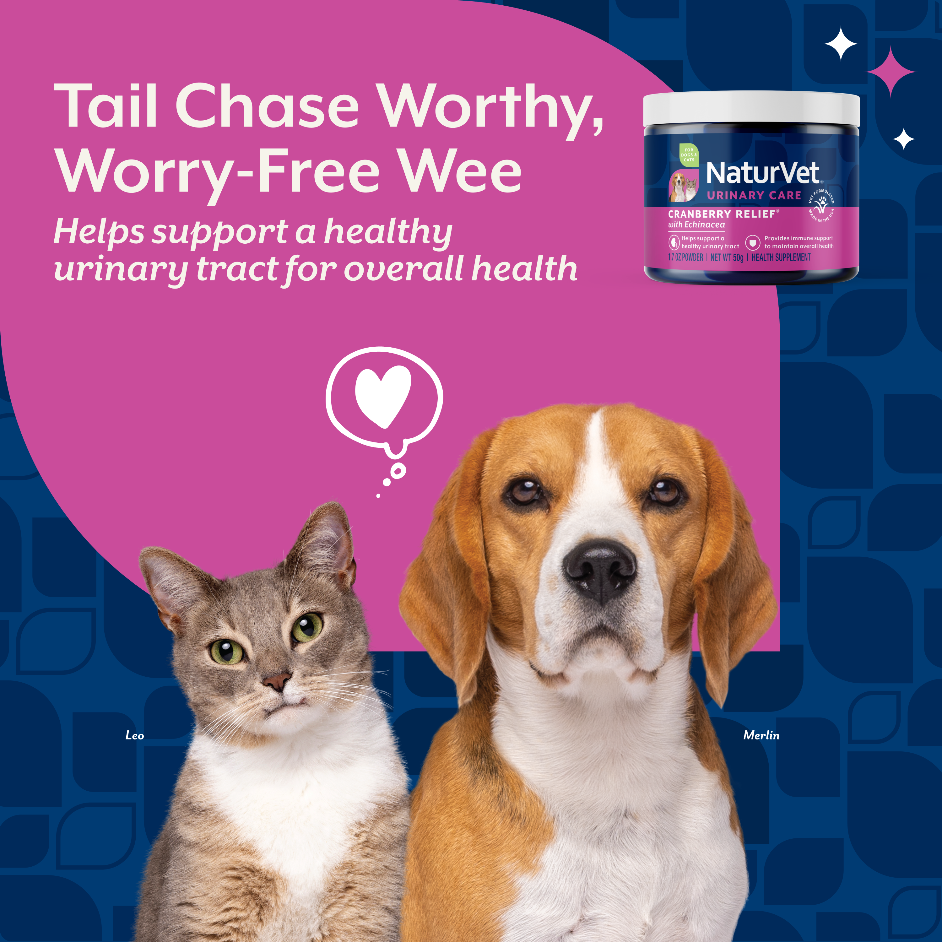 Cat and dog with the Cranberry Relief jar and the claim that it supports a healthy urinary tract