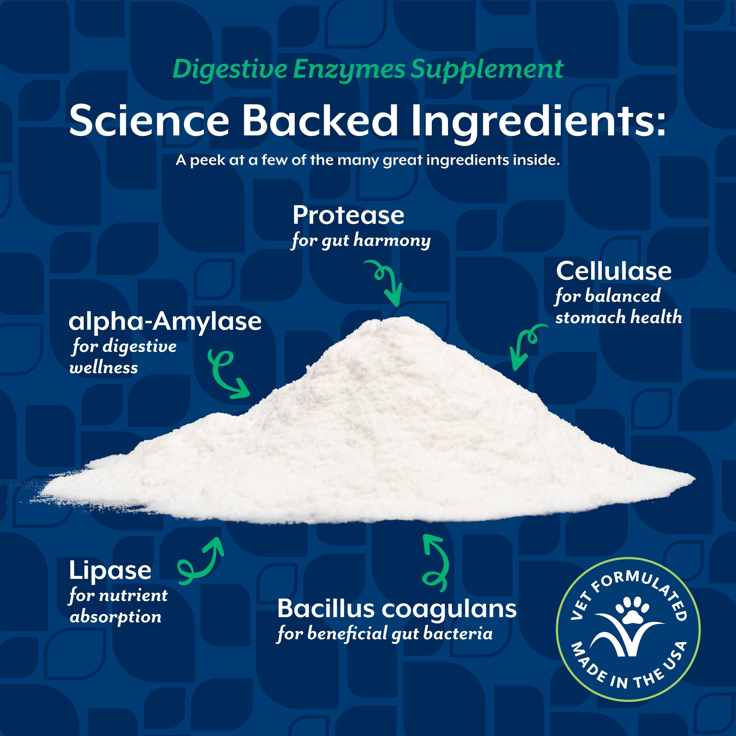 NaturVet Digestive Enzymes Powder for dogs and cats — science-backed ingredients including amylase, protease, cellulase, lipase, and Bacillus coagulans