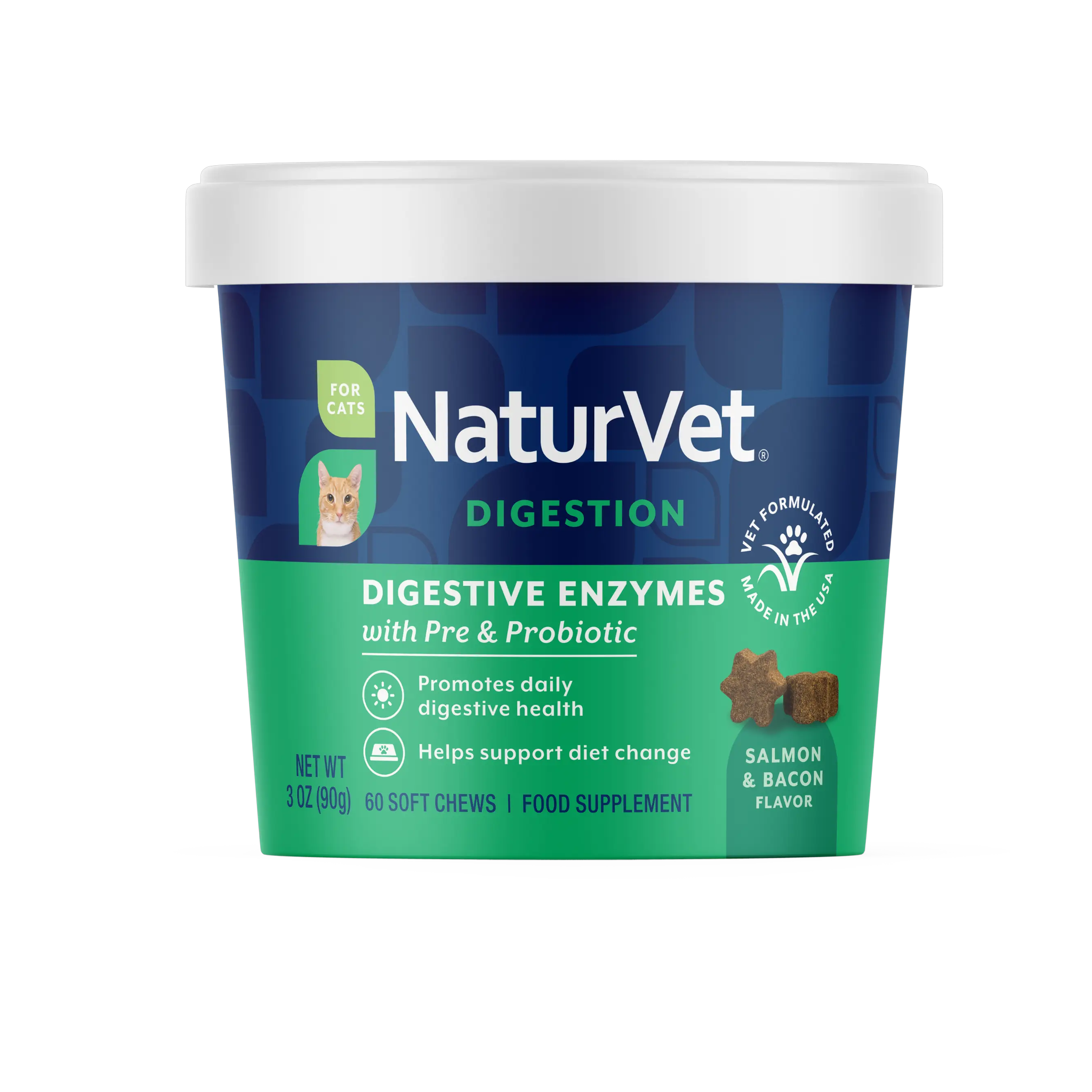 NaturVet Digestive Enzymes Soft Chews for Cats 60 count container with prebiotics and probiotics
