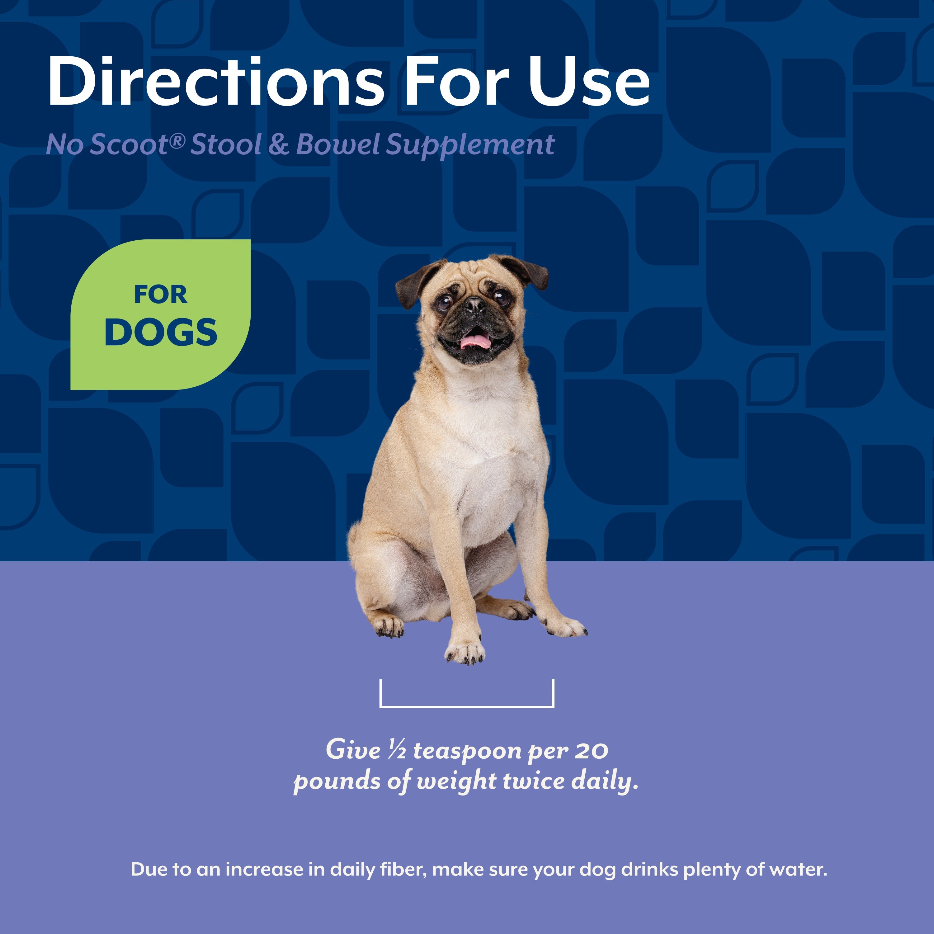 NaturVet No Scoot Powder for dogs — directions for use, half a teaspoon per 20 pounds of body weight twice daily