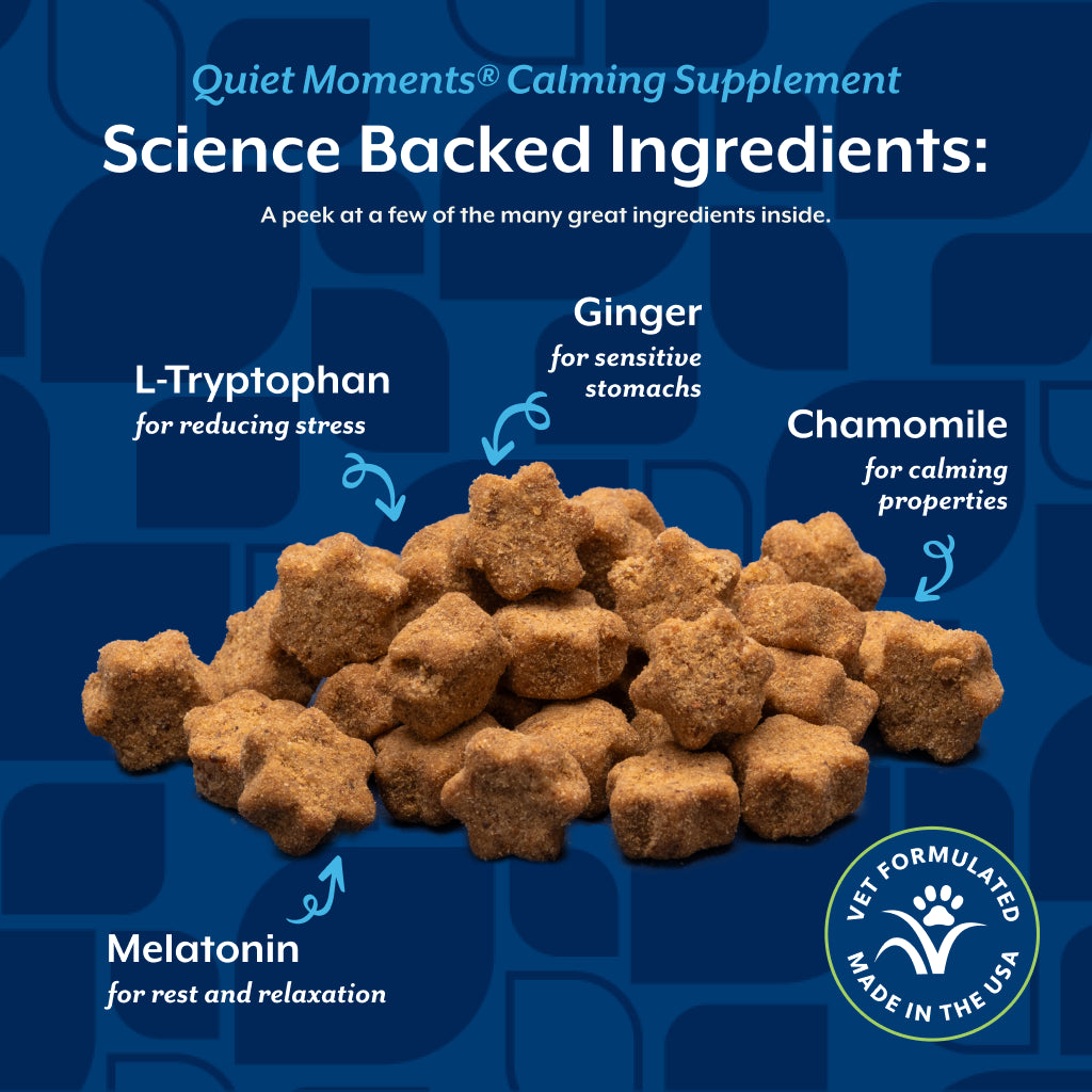 Science backed ingredients in Quiet Moments for cats including melatonin, L-tryptophan, ginger and chamomile