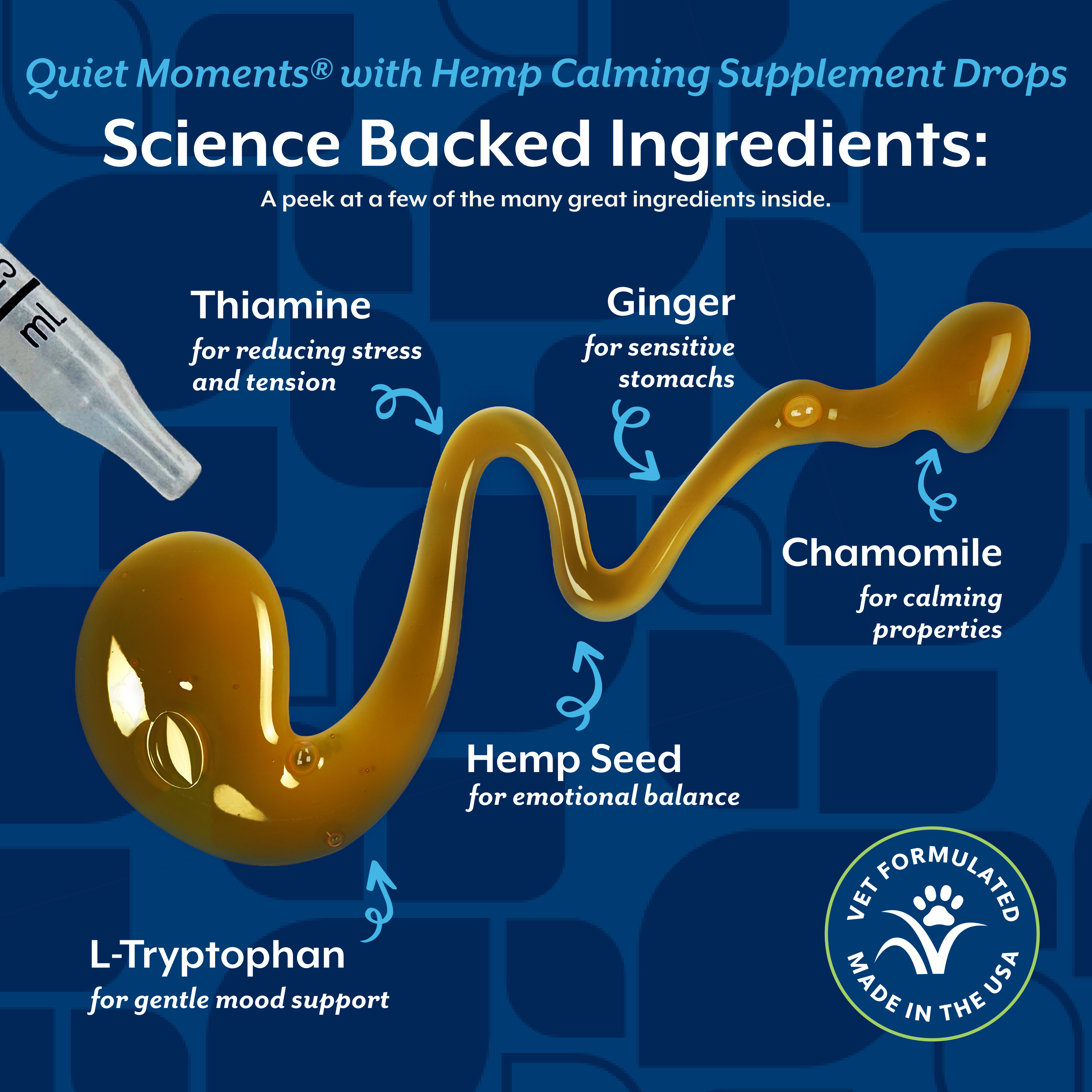 Science backed ingredients in the calming drops including thiamine, ginger, chamomile, hemp seed and L-tryptophan