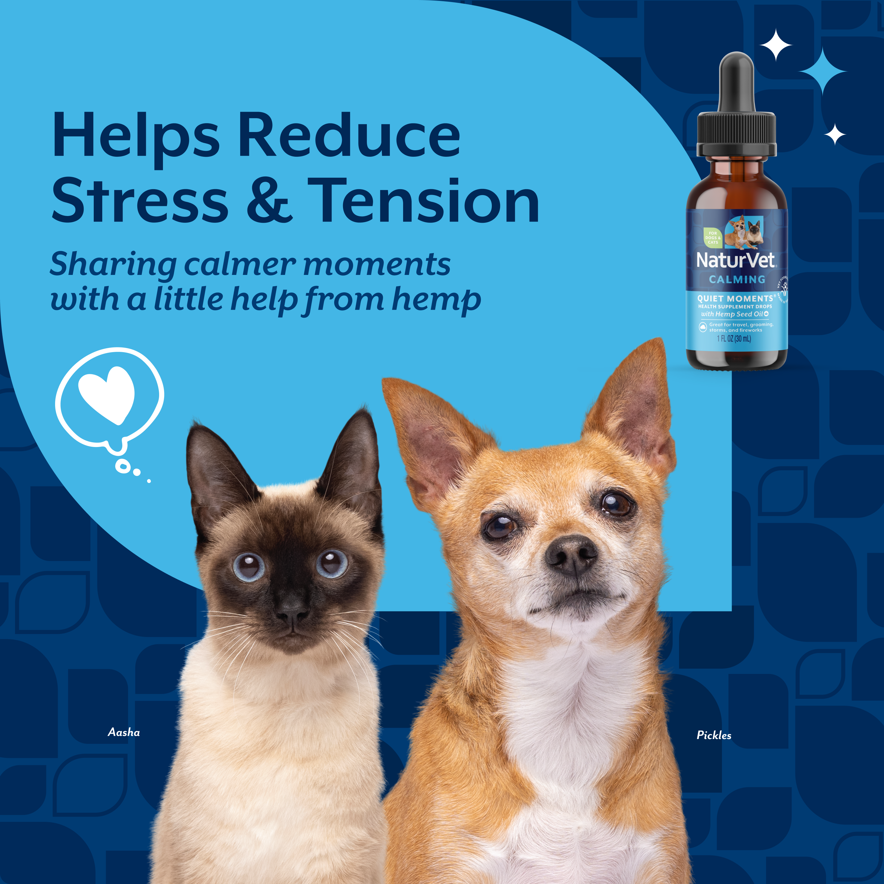 Cat and dog with the calming drops bottle and the claim that it helps reduce stress and tension