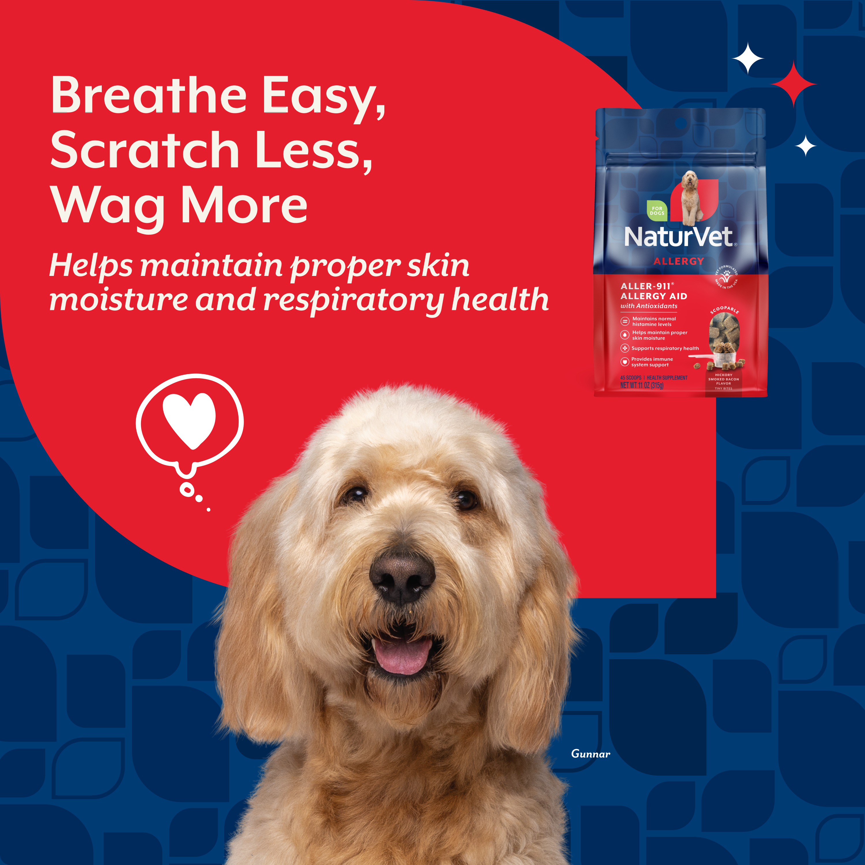 Benefit overview panel for NaturVet Aller-911 Allergy Aid Scoopable Tiny Bites