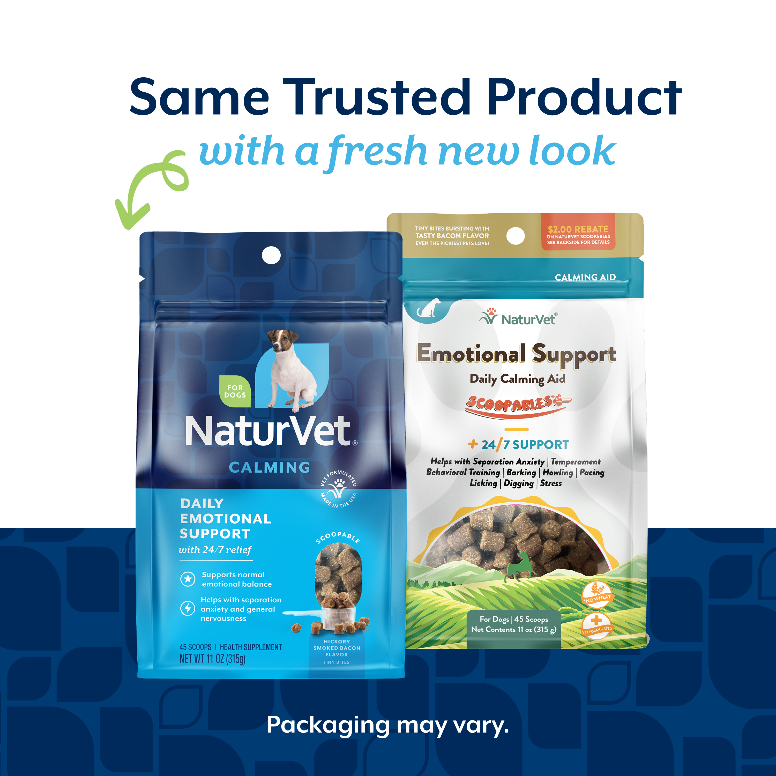Same trusted NaturVet Daily Emotional Support Calming Scoopable Tiny Bites formula in refreshed NaturVet packaging, old bag and new bag side by side