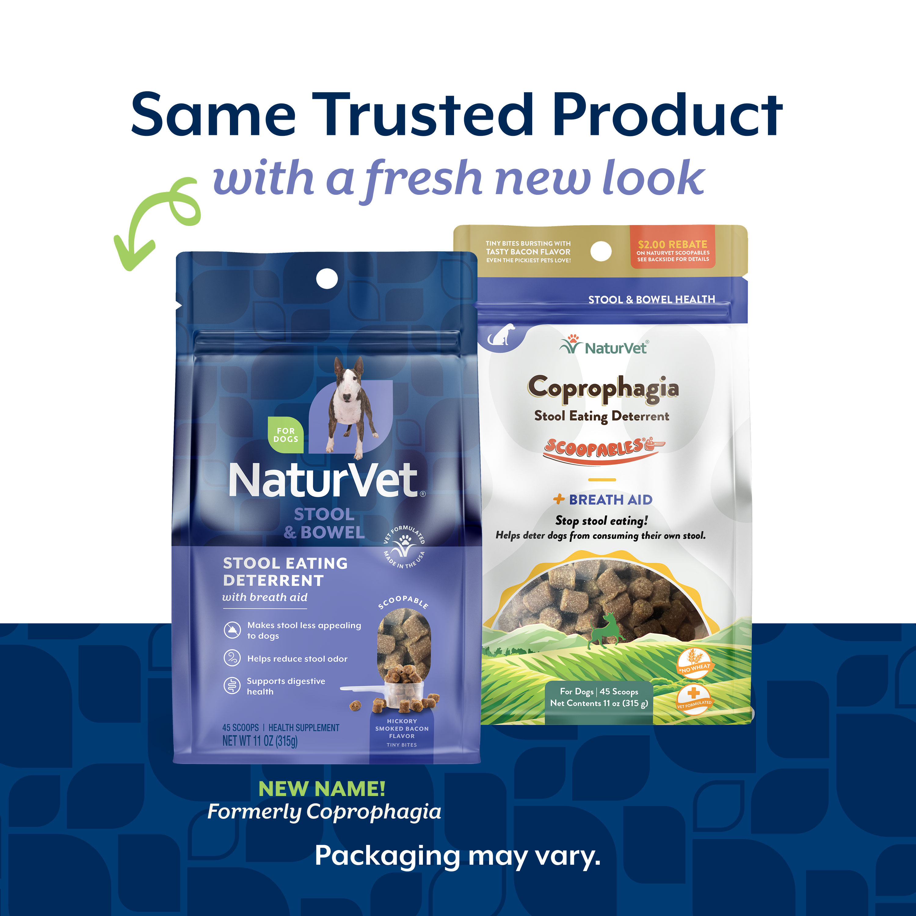 Same trusted NaturVet Stool Eating Deterrent Scoopable Tiny Bites formula in refreshed NaturVet packaging, old bag and new bag side by side