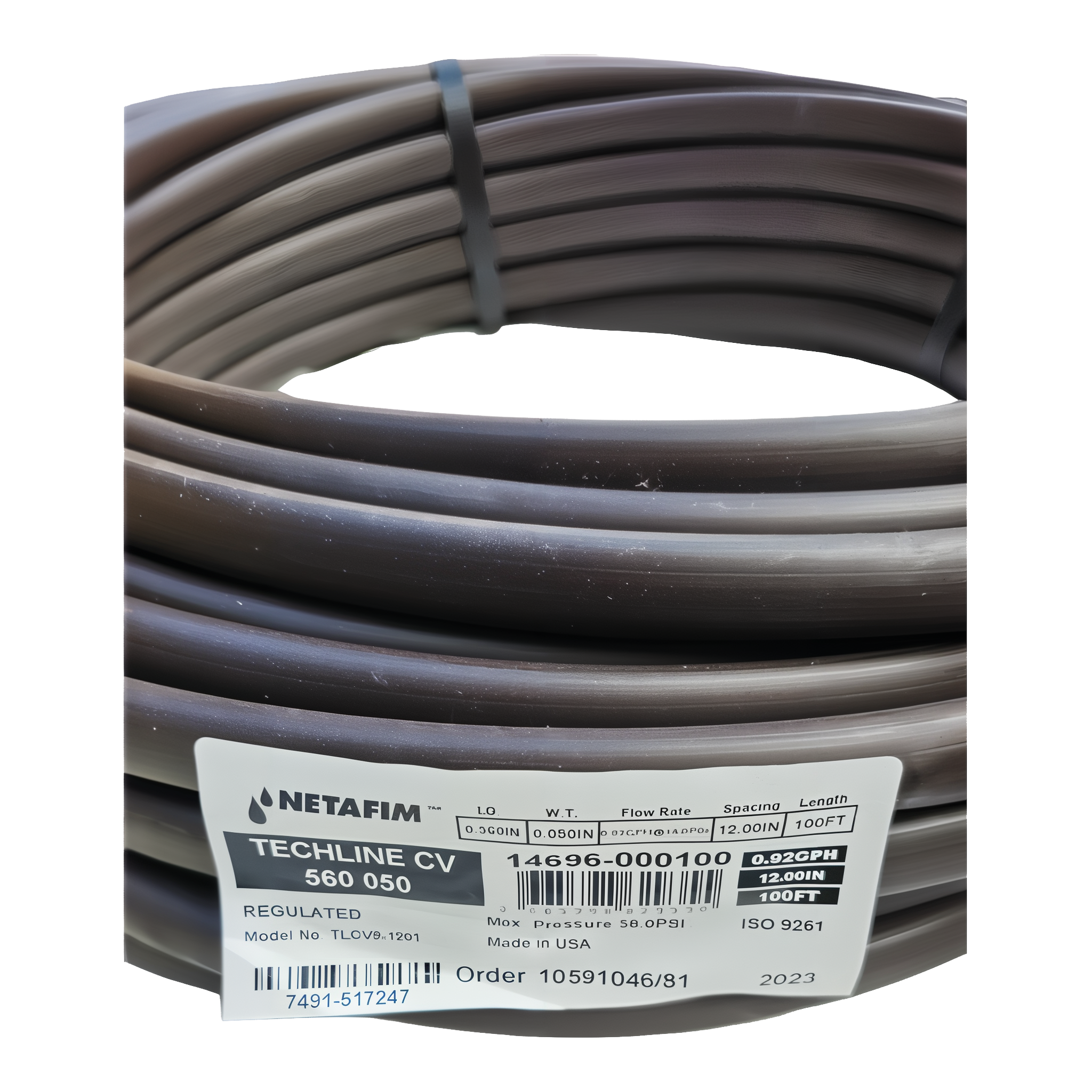 Netafim Techline CV 17mm dripline coiled roll showing Netafim sticker with model TLCV9-1201 TECHLINE CV 560 050 regulated marking