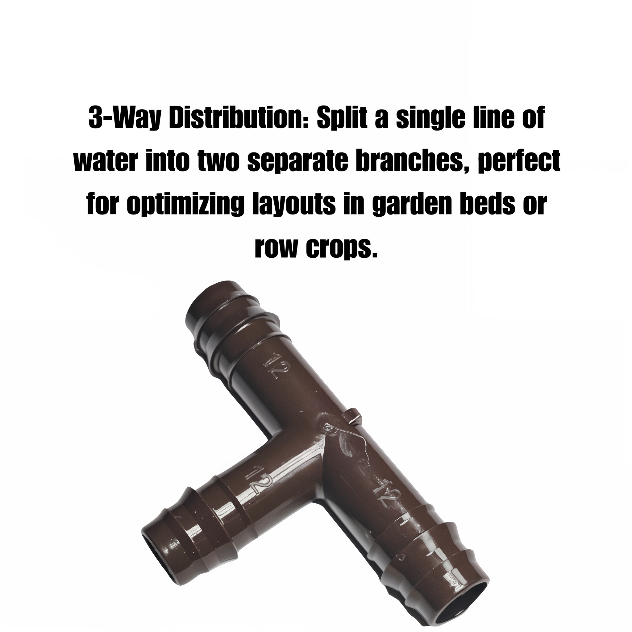 Netafim Techline EZ 12mm insert tee 3-way distribution — split a single line of water into two branches for garden beds or row crops