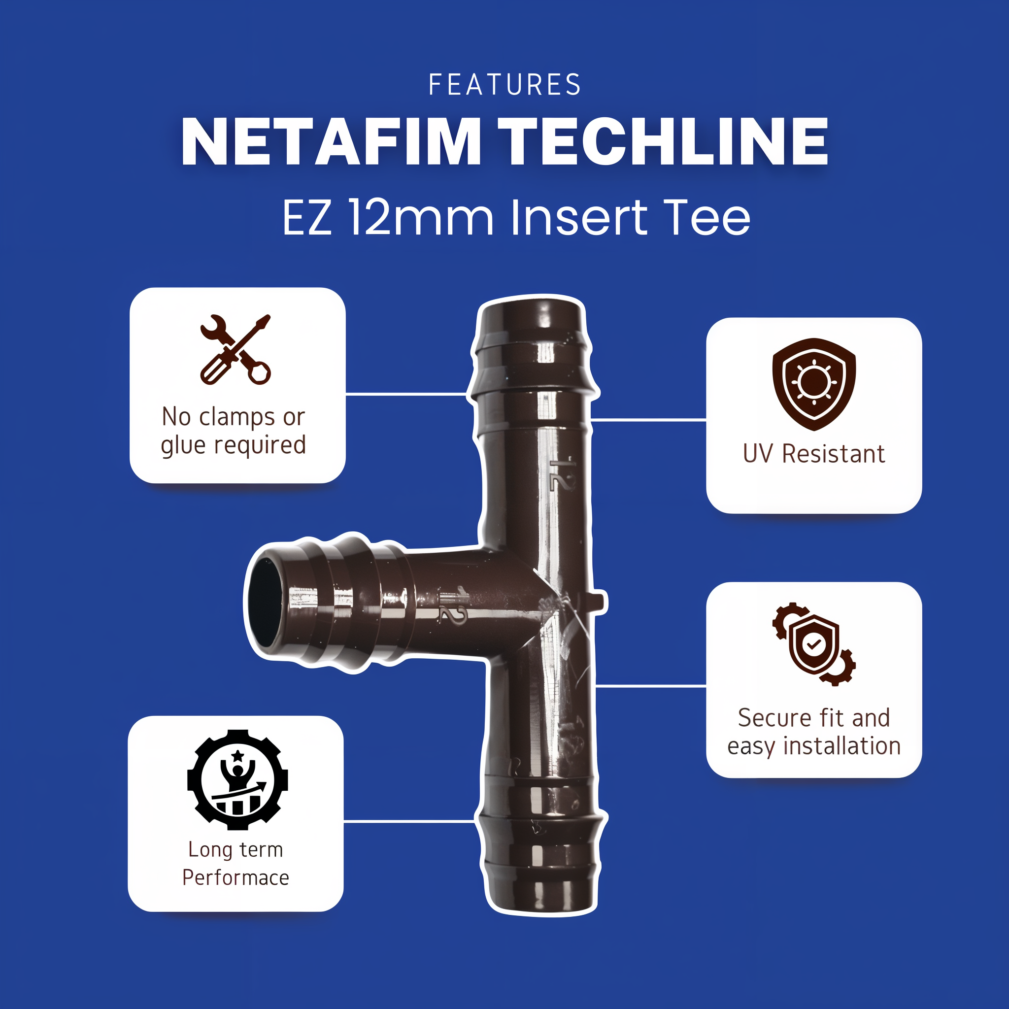 Netafim Techline EZ 12mm insert tee features infographic — no clamps or glue required, UV resistant, secure fit, long term performance