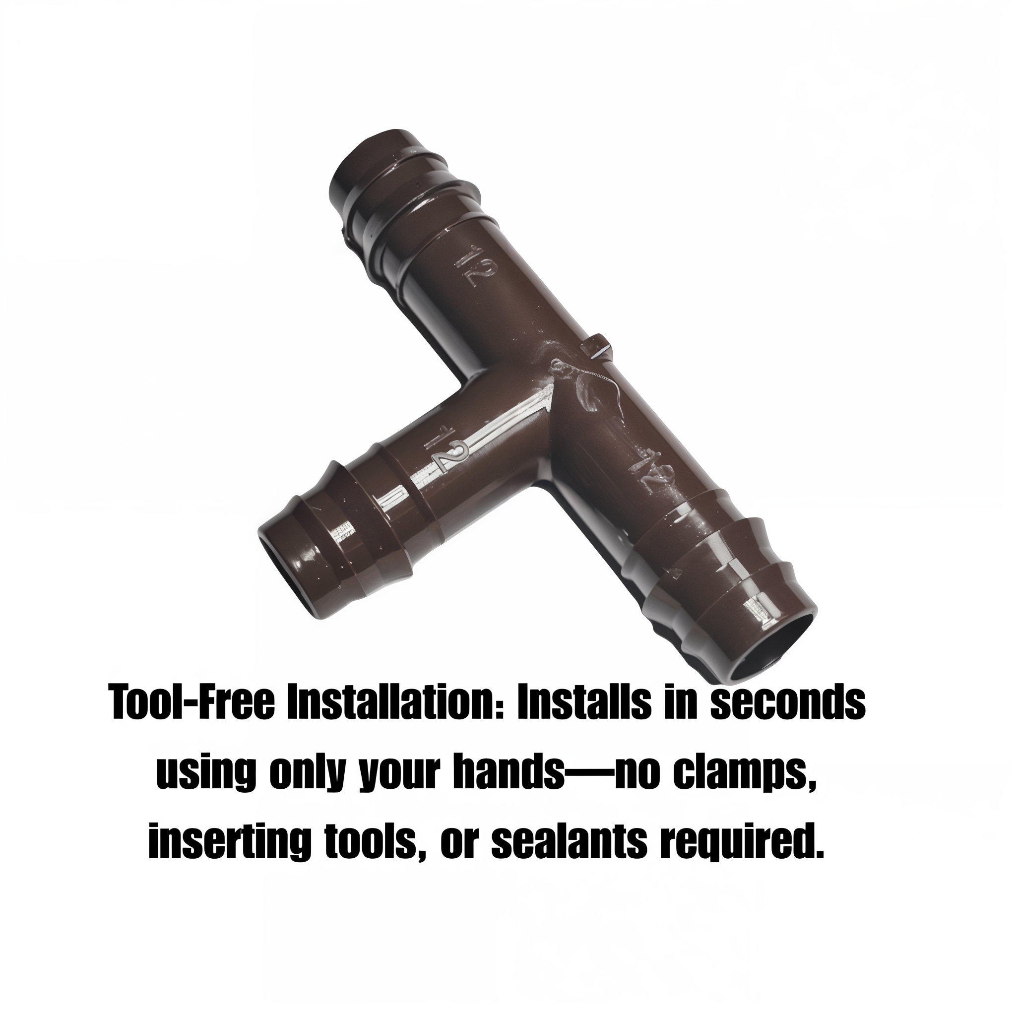 Netafim Techline EZ 12mm insert tee tool-free installation — installs in seconds using only hands, no clamps, inserting tools, or sealants required