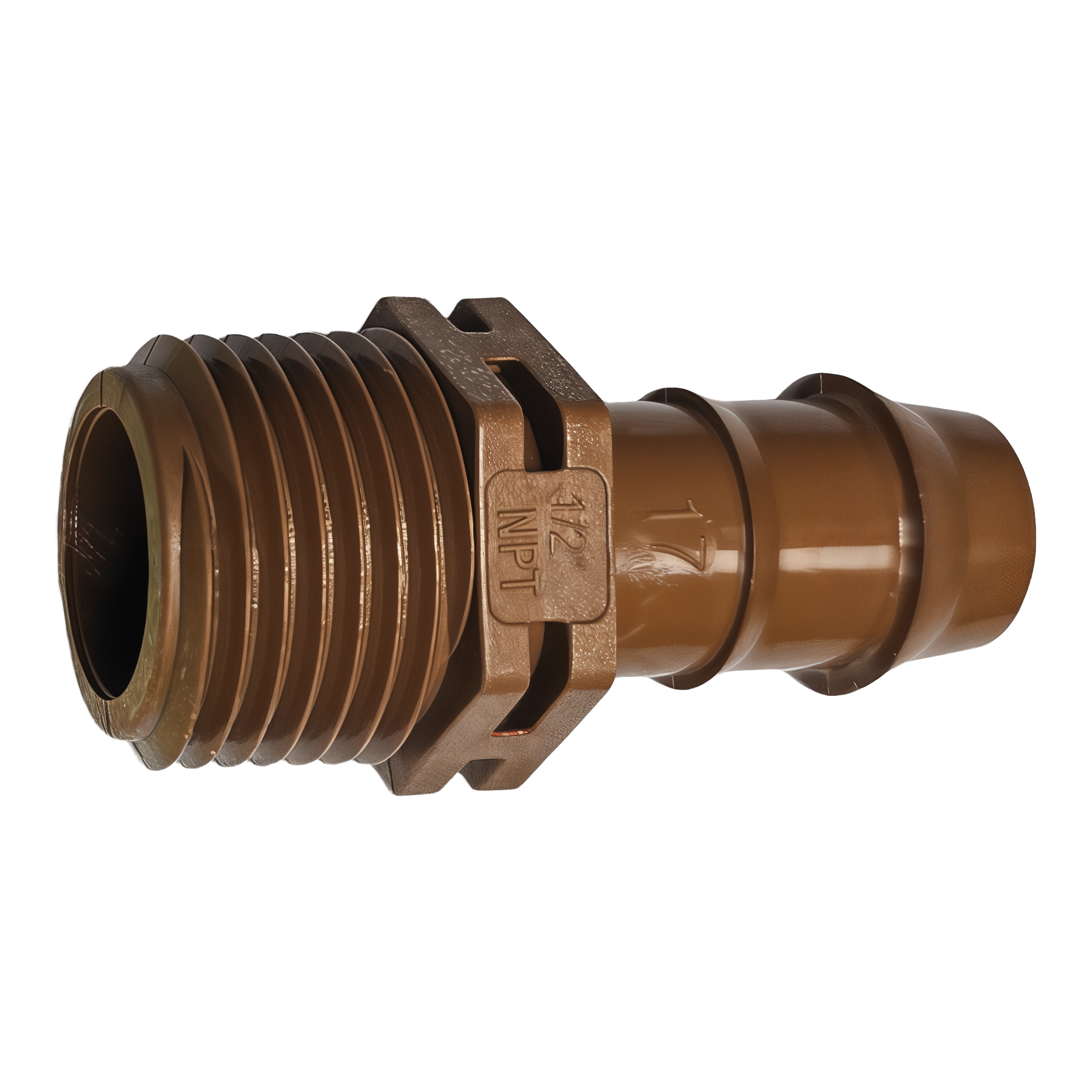Netafim Techline TL050MA 17mm to 1/2 inch male NPT adapter barb-side view showing 17mm Techline insert end