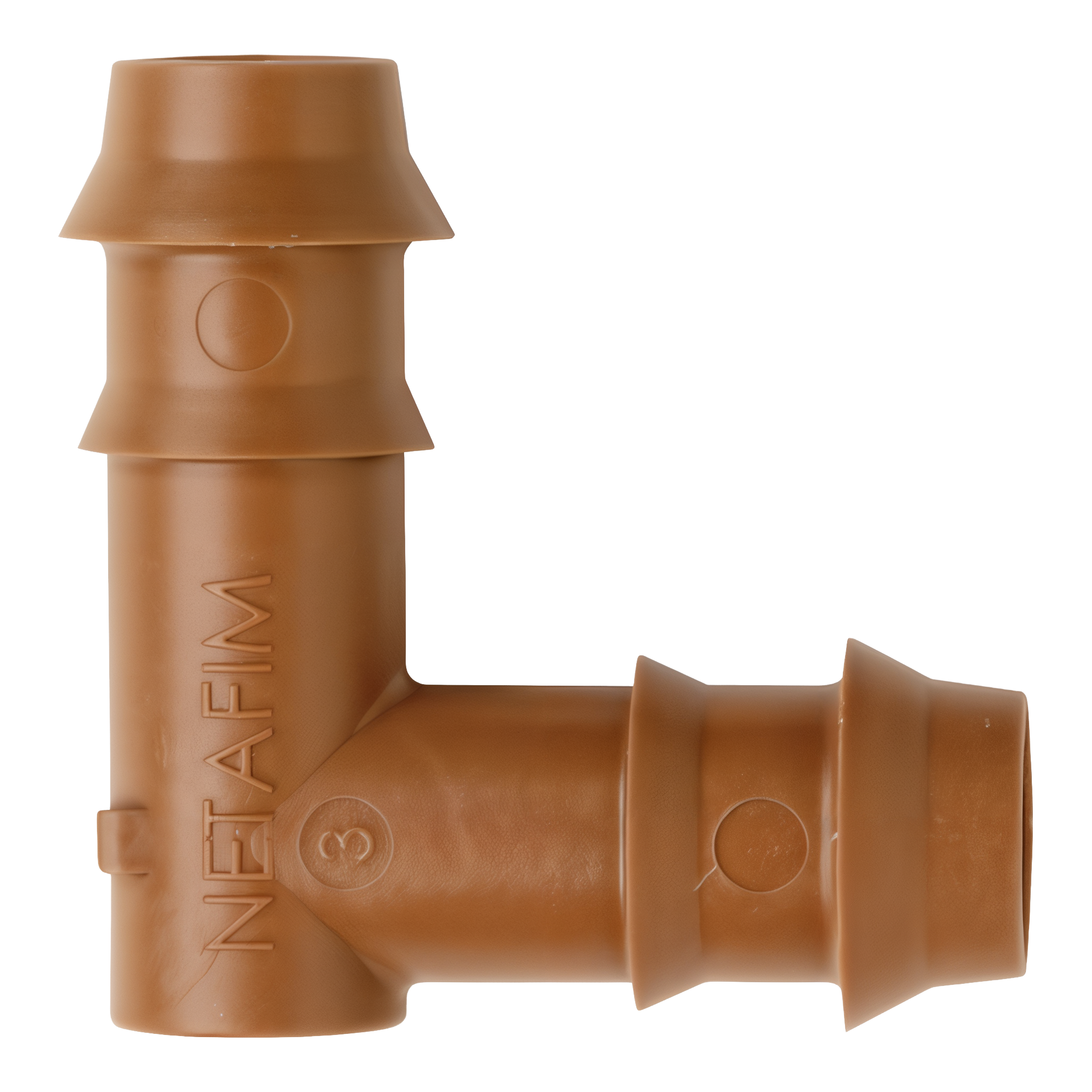 Netafim Techline TLELL 17mm insert elbow 90 degree barbed fitting angled view showing NETAFIM molded mark on transparent background