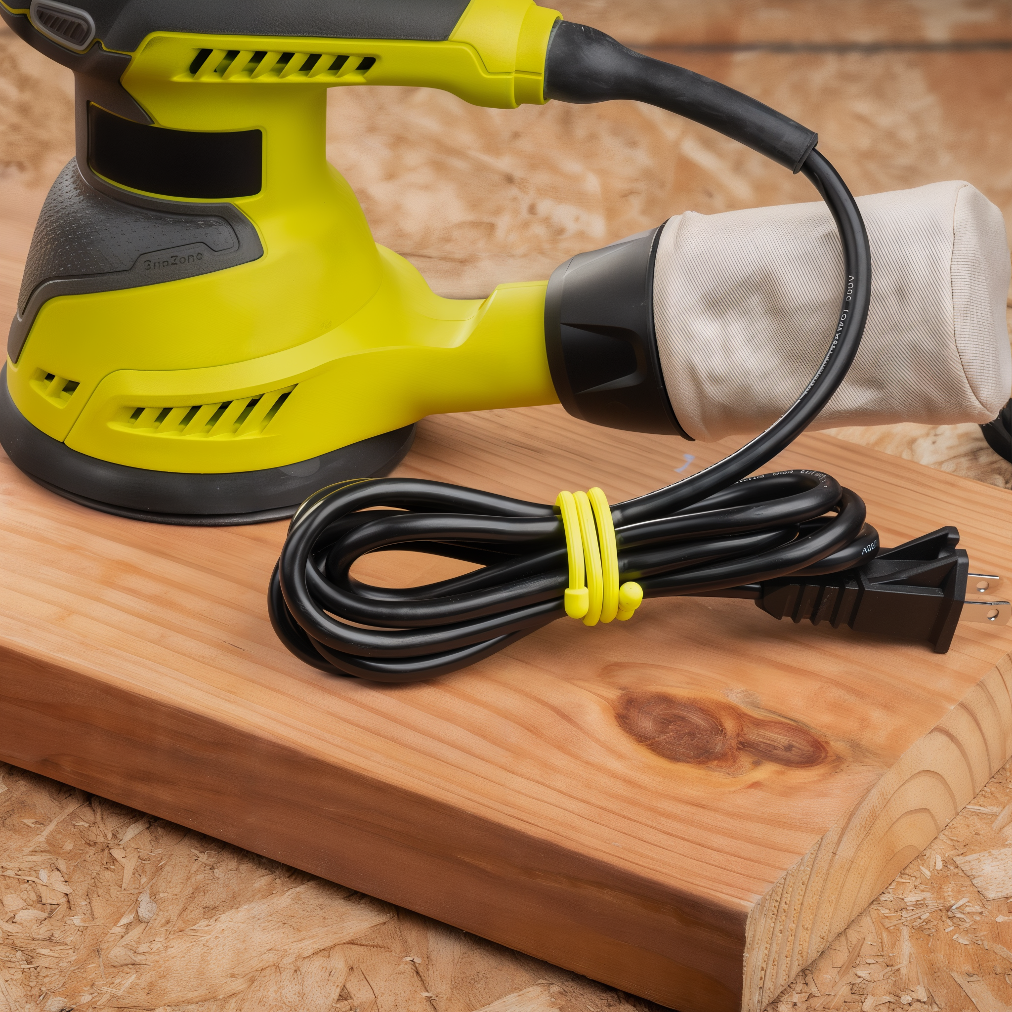Nite Ize Gear Tie 12 inch wrapping a power cord on a workbench, reusable rubber twist tie organizing a sander cord