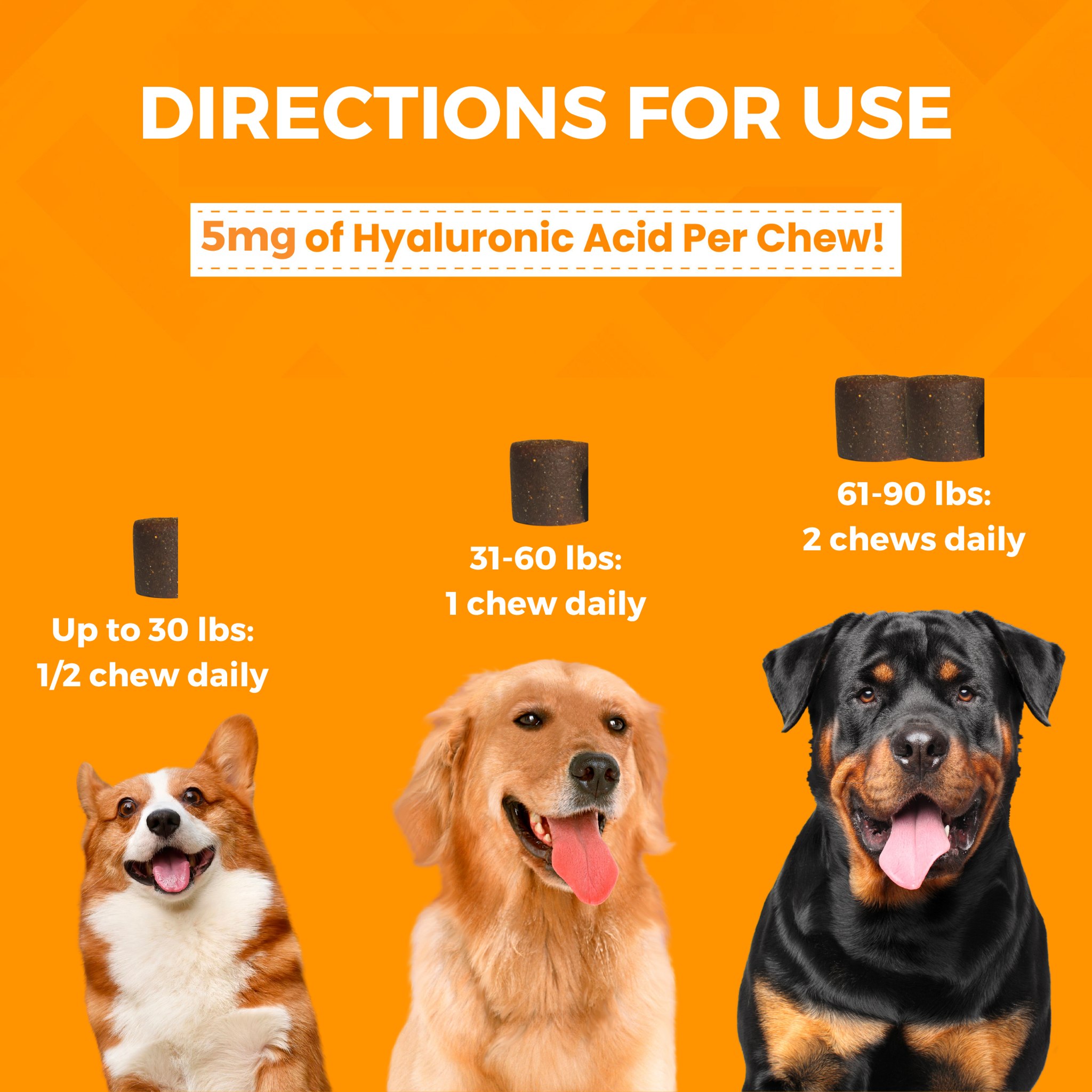 Directions for use with 5 mg of hyaluronic acid per chew