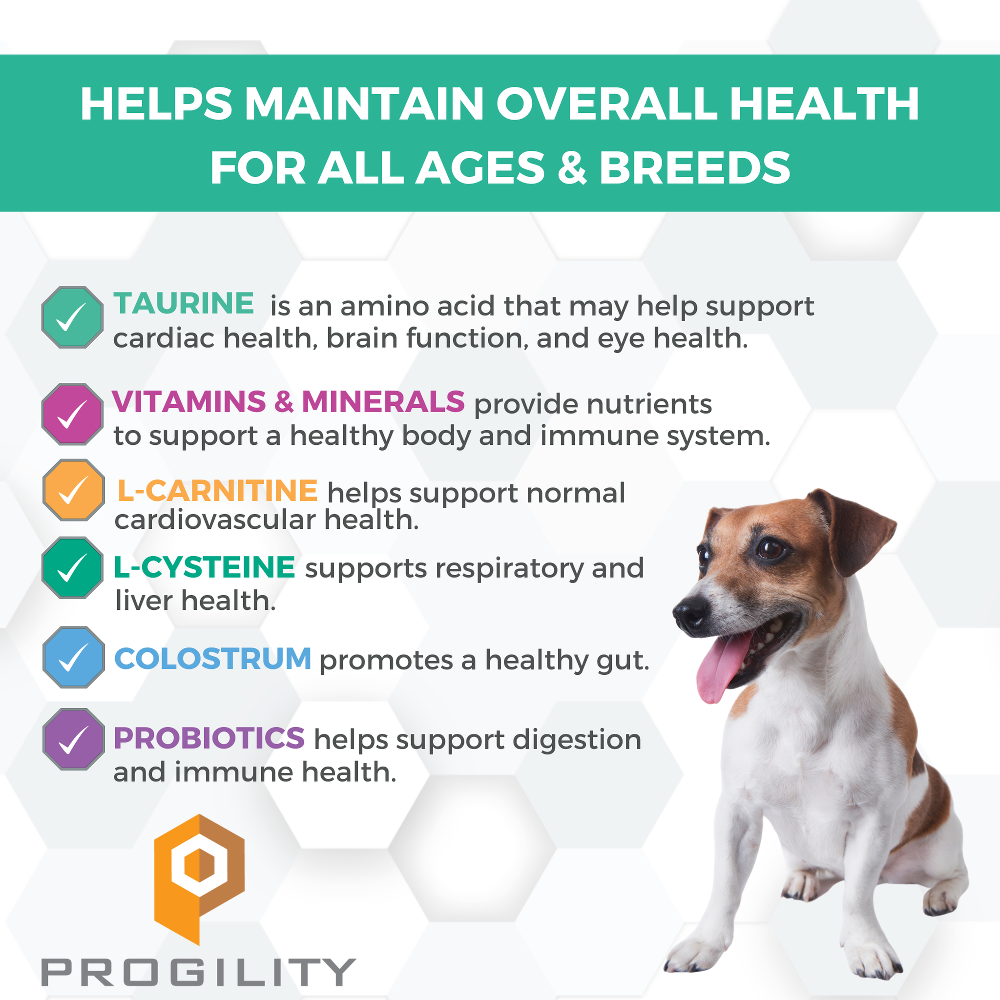 Taurine, vitamins and minerals, colostrum and probiotics maintain overall health for all ages and breeds