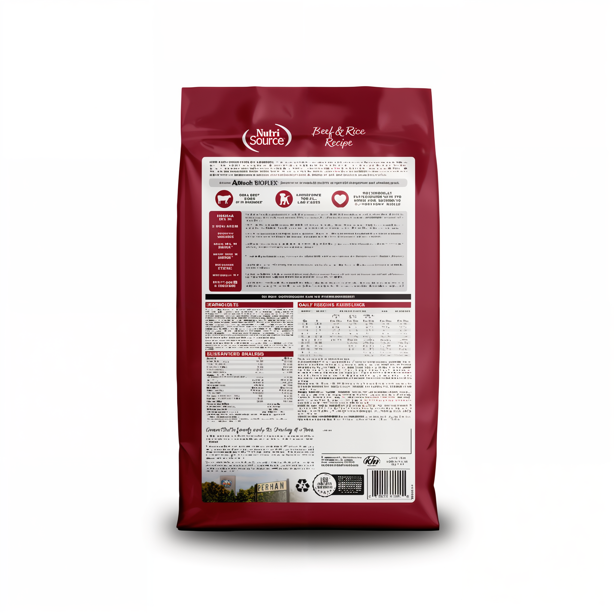 Back of the Beef & Rice Recipe bag with feeding directions and label information