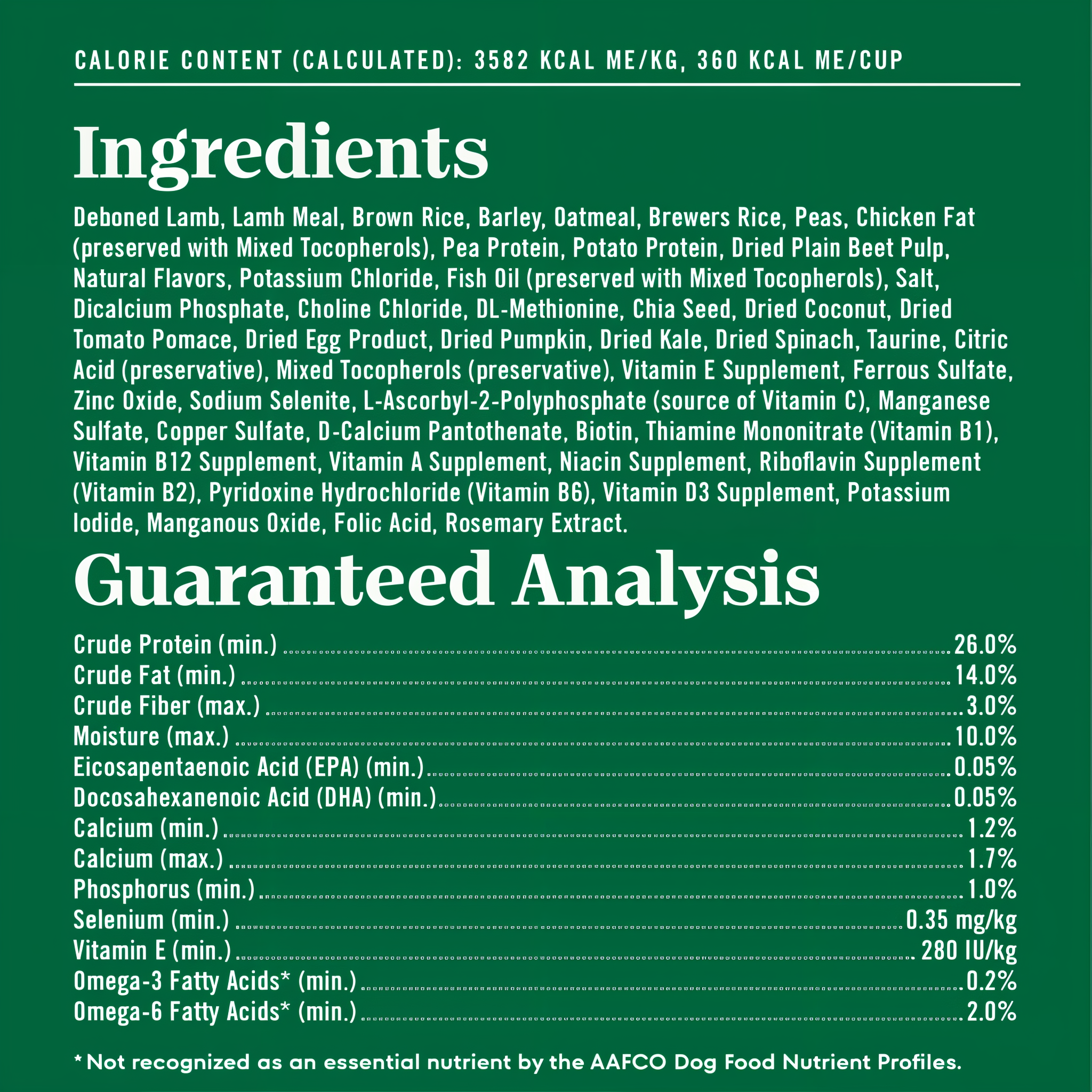 Full ingredients list, guaranteed analysis, and calorie content