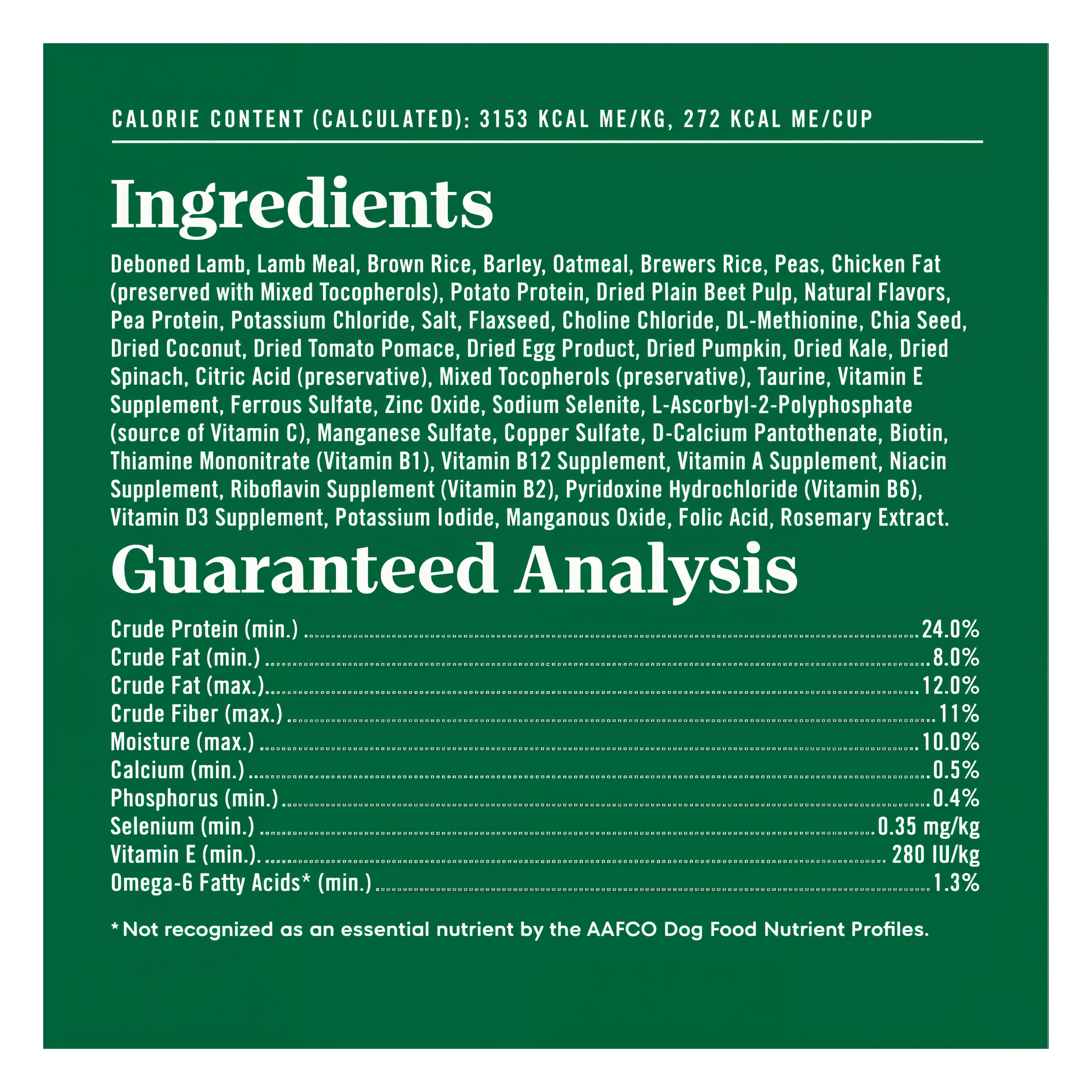 Full ingredients list, guaranteed analysis, and calorie content