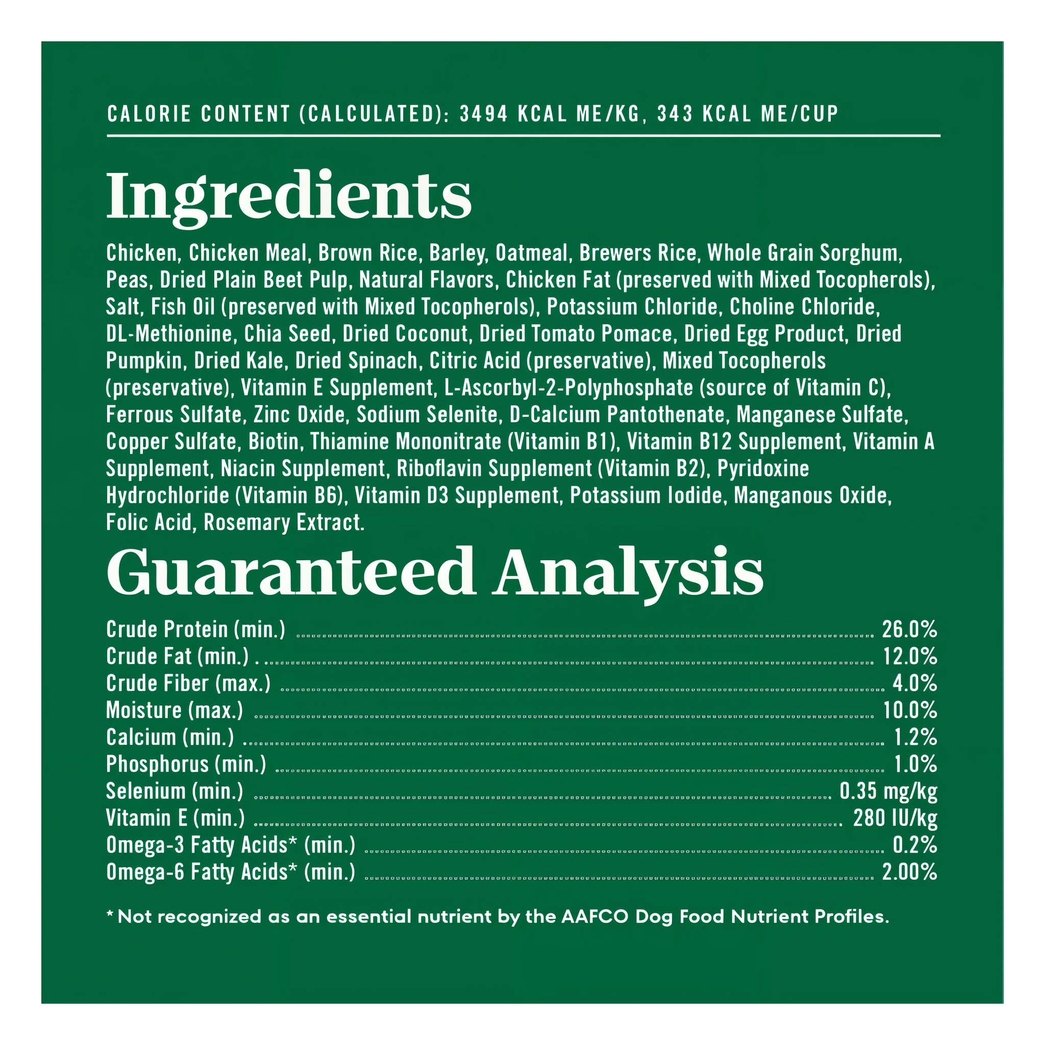 Full ingredients list, guaranteed analysis, and calorie content