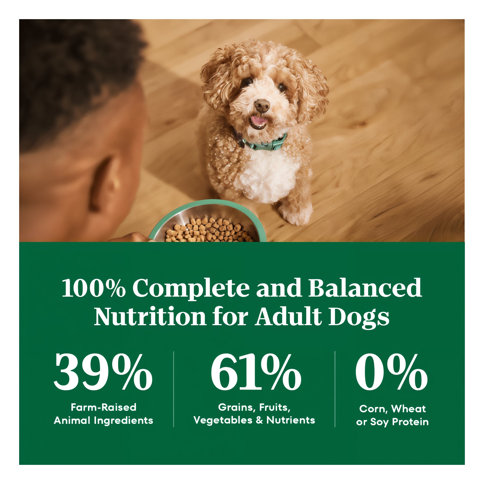100% complete and balanced nutrition with farm-raised animal ingredients and 0% corn, wheat or soy protein