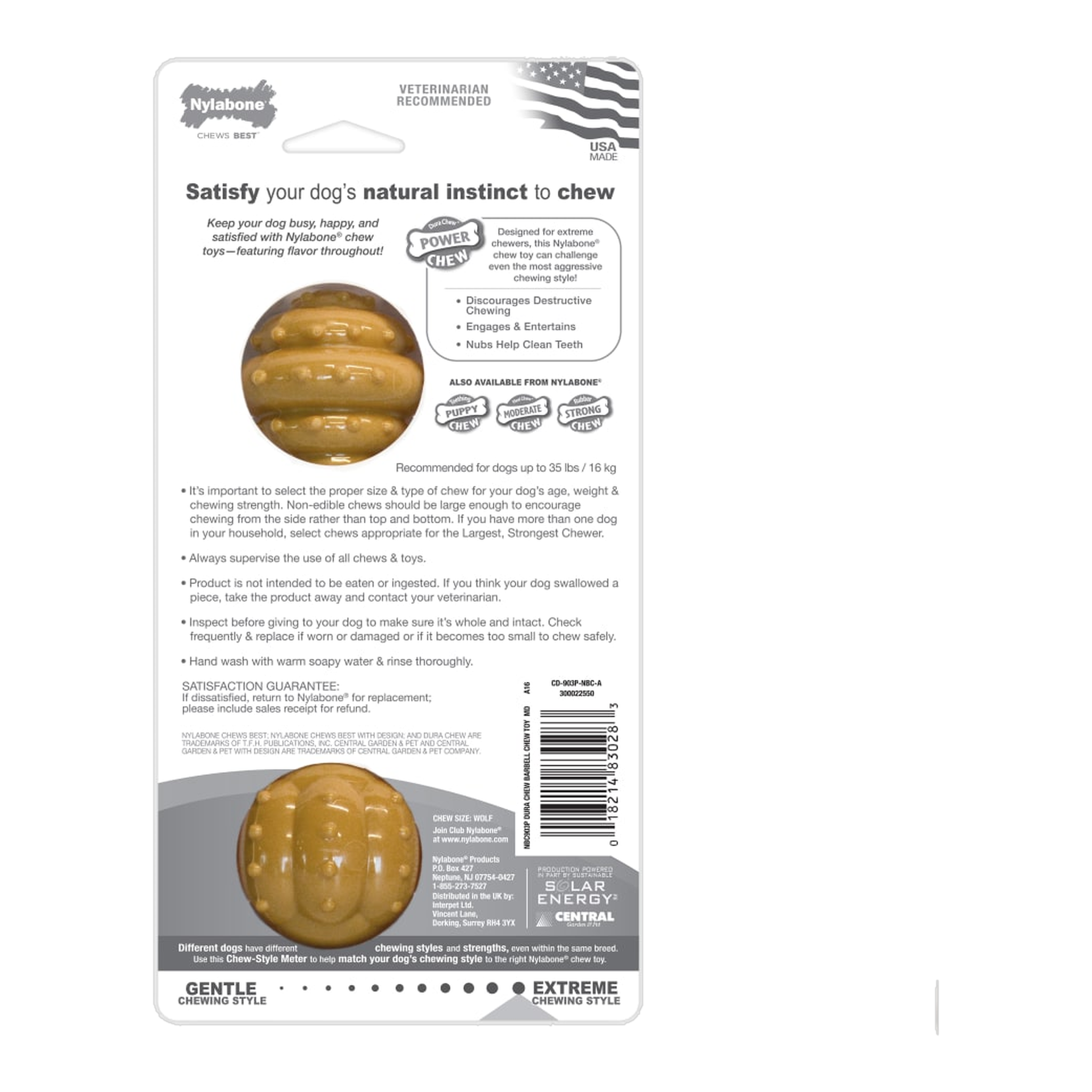 Nylabone Barbell Power Chew Durable Peanut Butter Medium package back with care and safety information