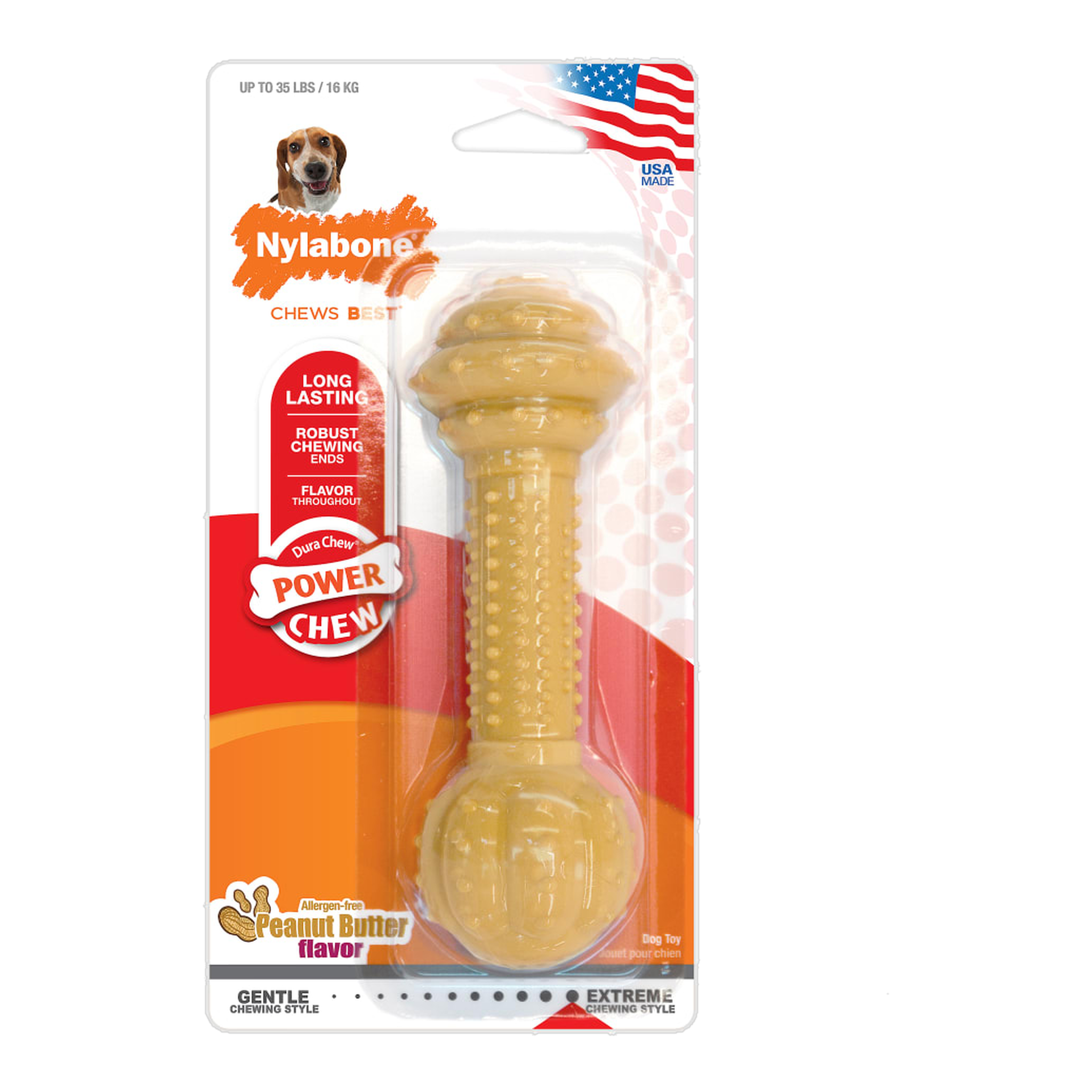 Nylabone Barbell Power Chew Durable Peanut Butter Medium in package, front