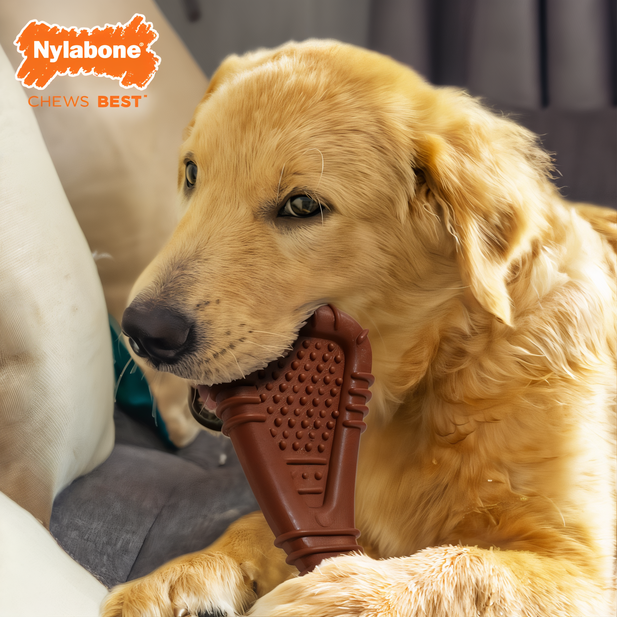 Dog chewing the Nylabone Power Chew Arch Bone Dog Dental Chew Toy Beef Large