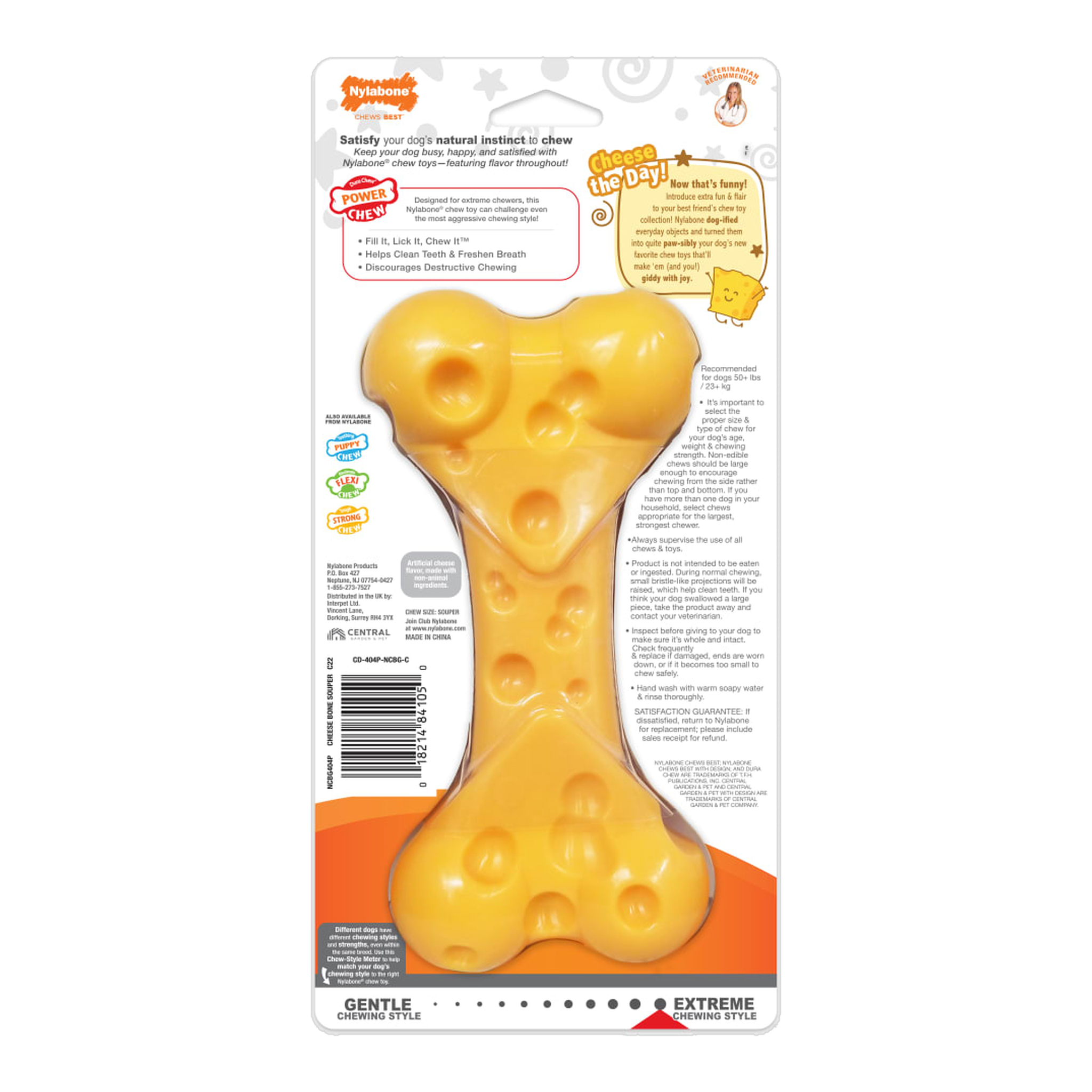 Nylabone Power Chew Cheese Bone package back with care and safety information (Large)