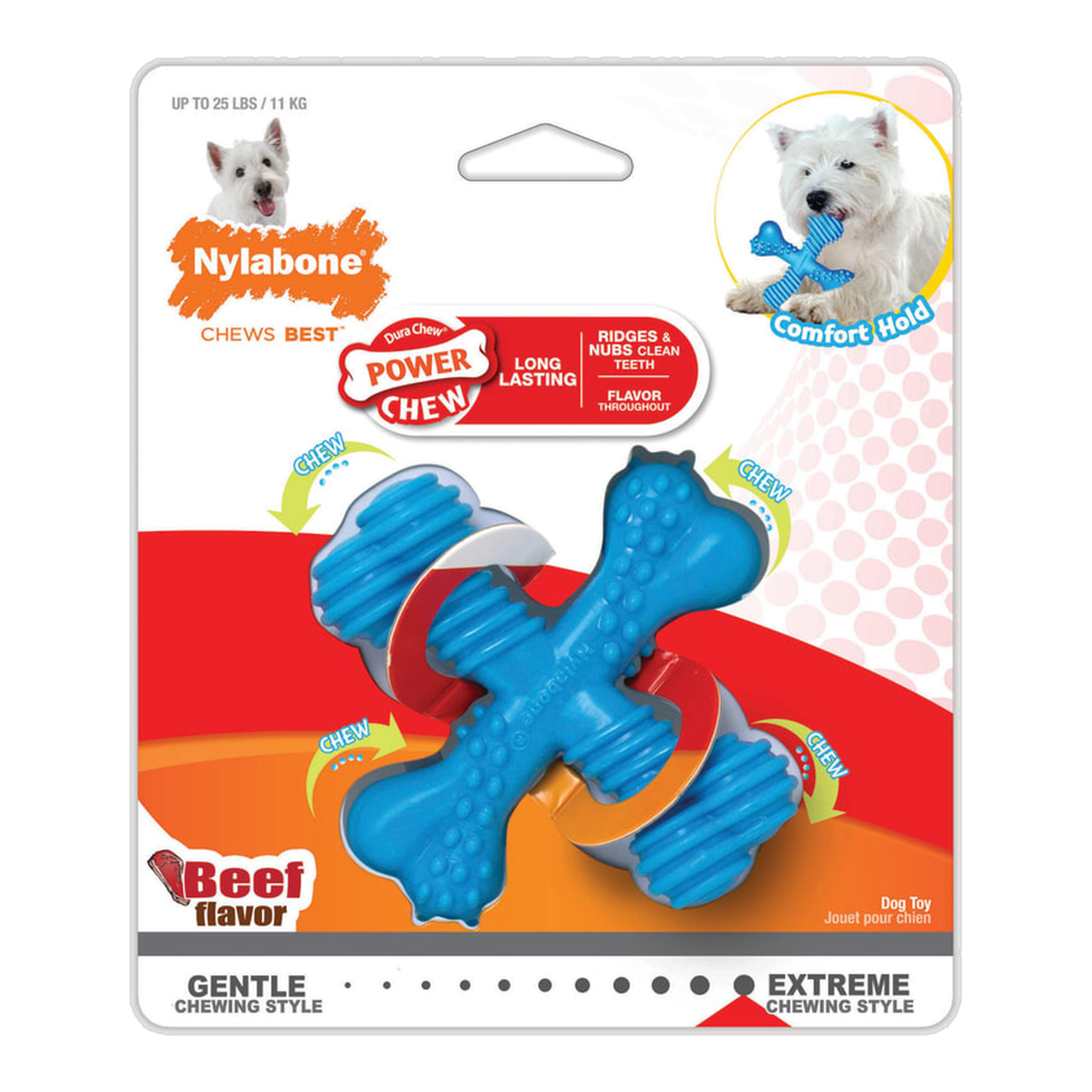 Nylabone Power Chew Comfort Hold X Bone Beef in package, front #Regular
