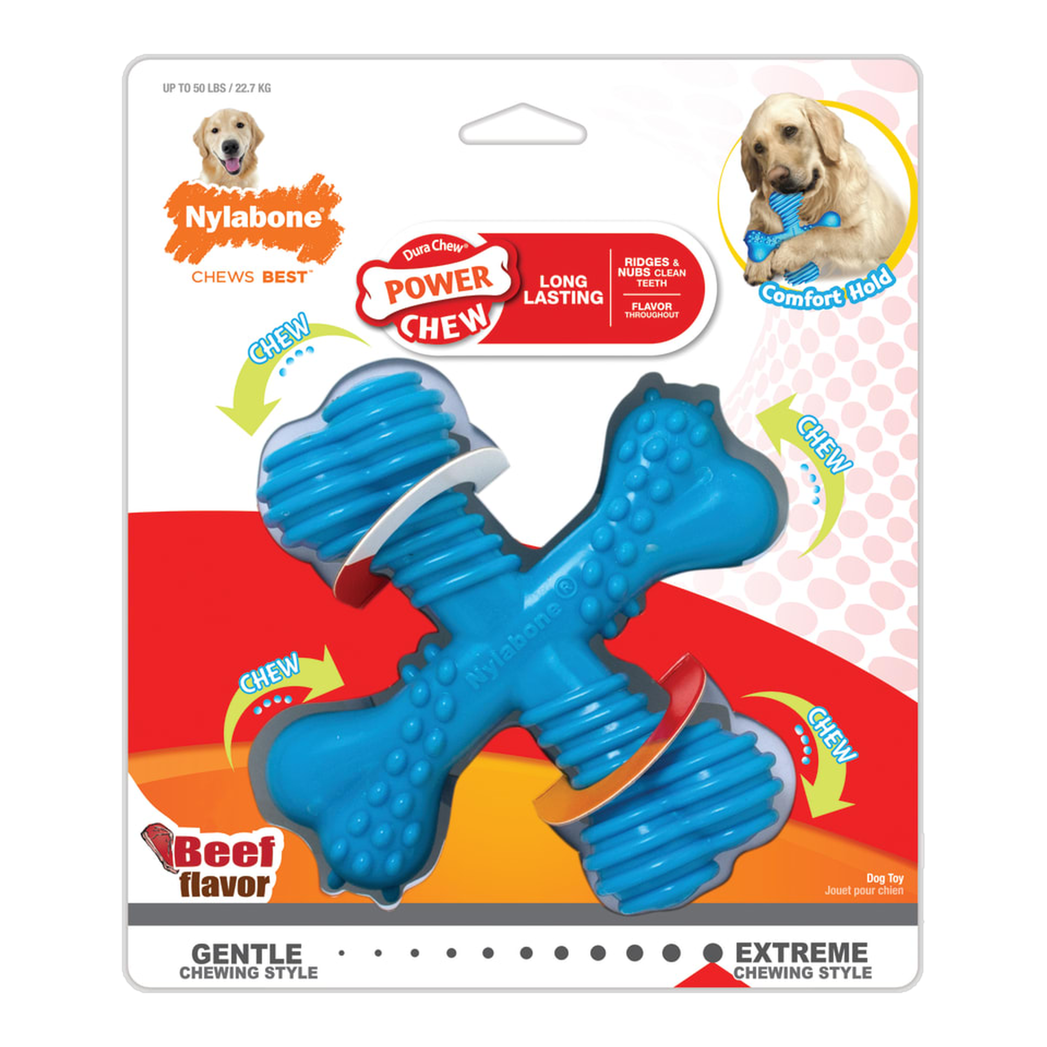 Nylabone Power Chew Comfort Hold X Bone Beef in package, front #Giant