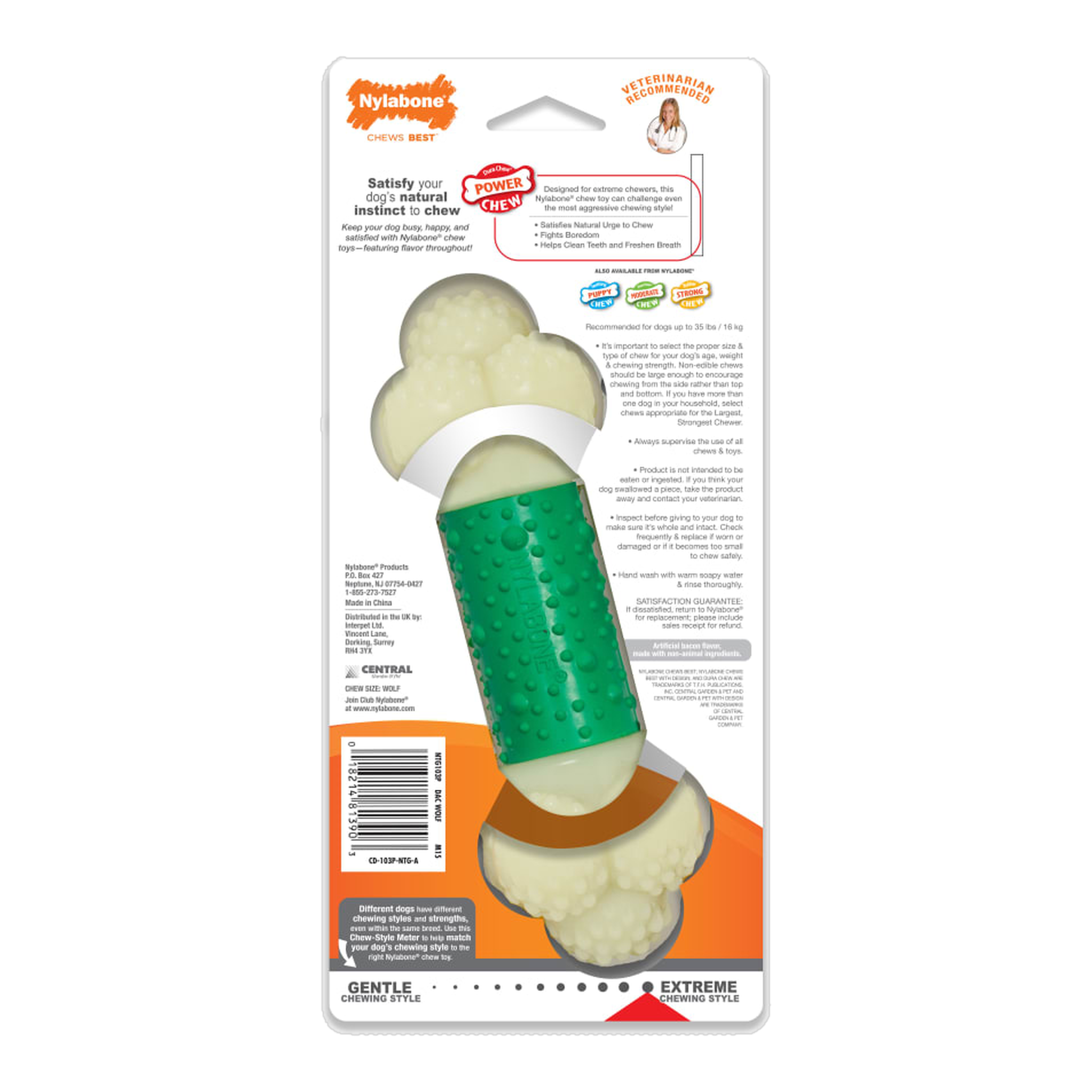 Nylabone Power Chew Double Action Bone Bacon Medium package back with care and safety information